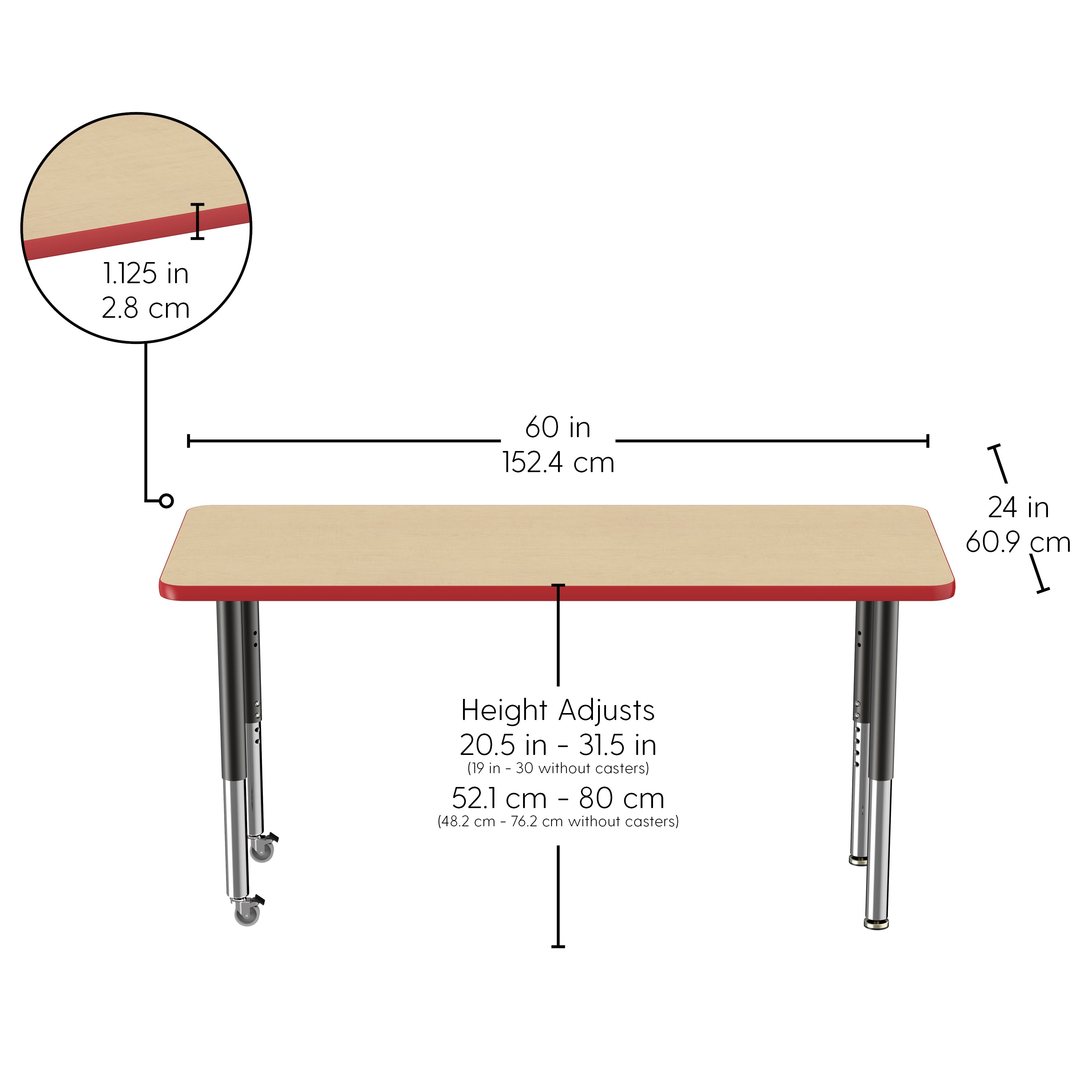 24" x 60" Rectangle T-Molding Activity Table with Adjustable Super Legs - Maple/Red/Black