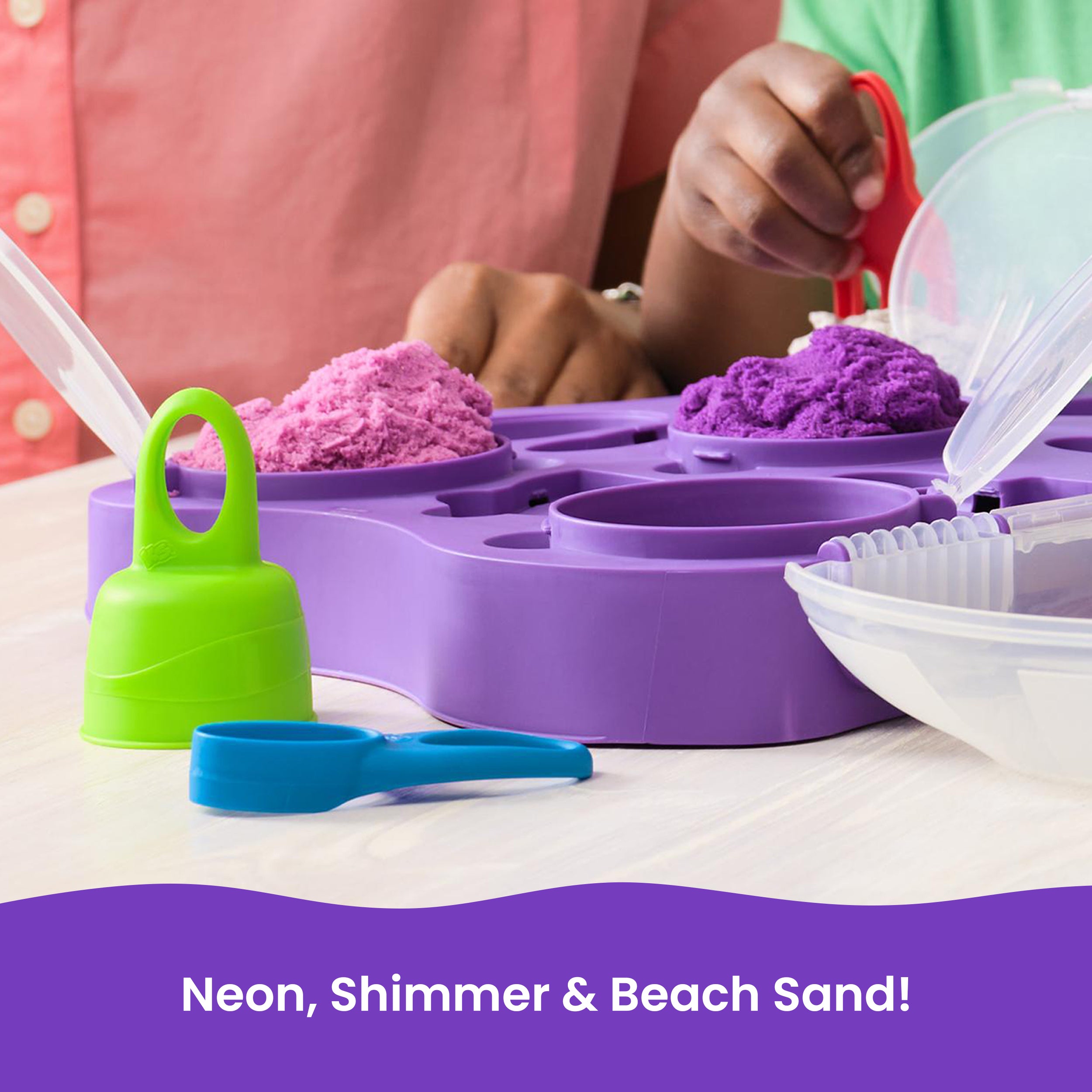 Kinetic Sand, Variety Case with 2lbs Play Sand Beach, Neon & Shimmer & 5 Tools, Reusable Storage, Sensory Toys for Kids Ages 3 and up