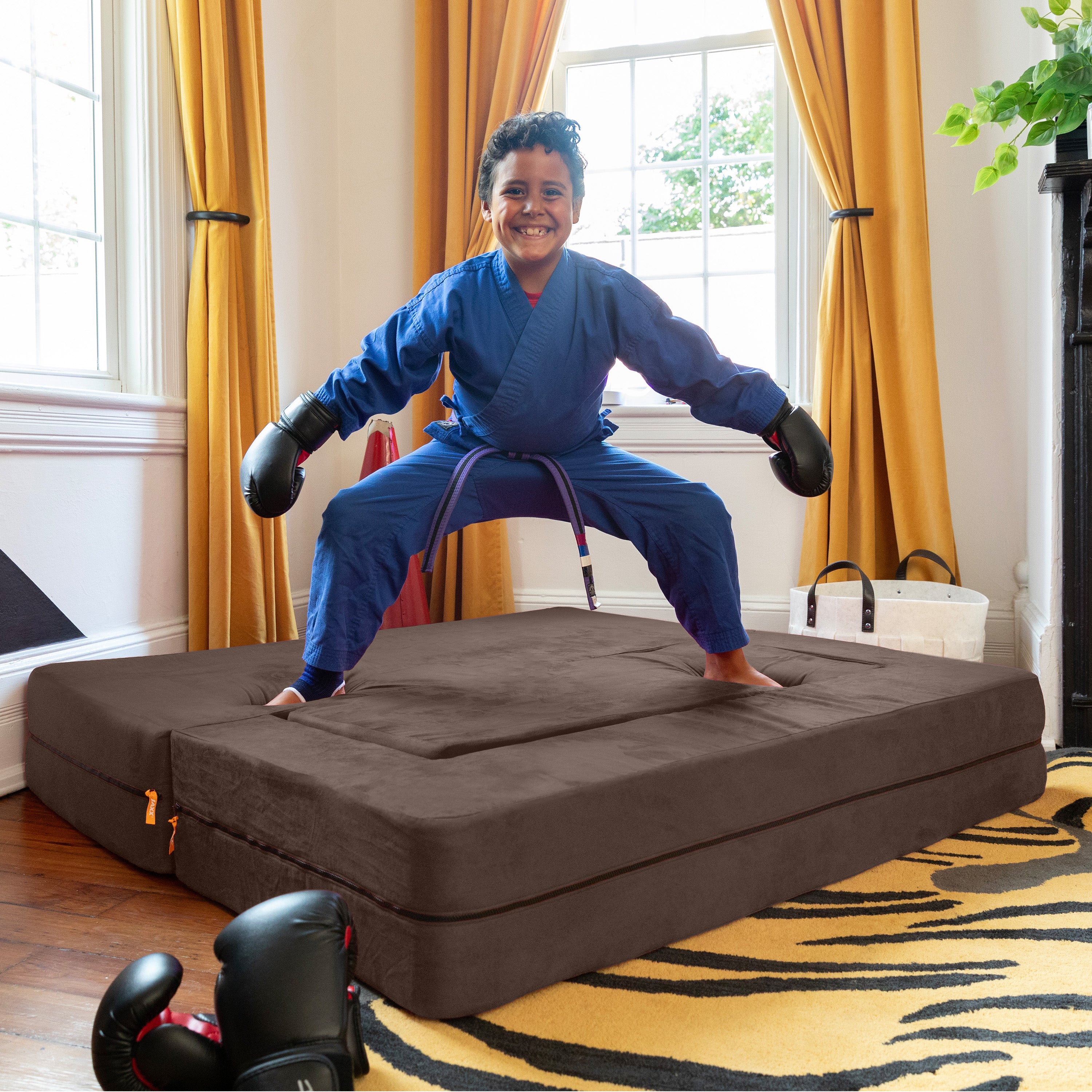 Jaxx Zipline Kids Sofa & Large Ottoman, 3 in 1 Fold Out Sofa, Big Kids Edition, Chocolate