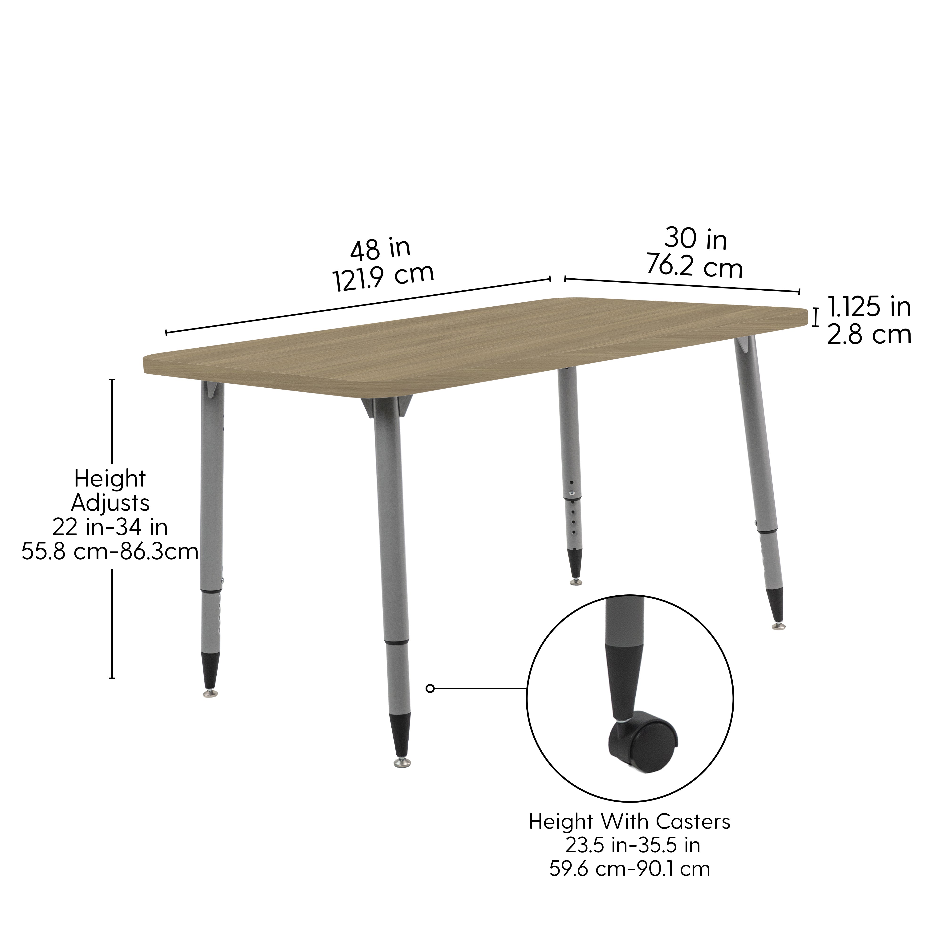 Adapte 30" x 48" Rectangle Woodgrain Activity Table with Adjustable Tapered Legs - Pasadena Oak/Silver