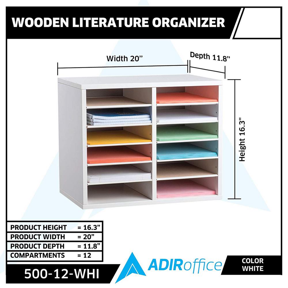 12-Compartment Wood Adjustable Paper Sorter Literature File Organizer, White
