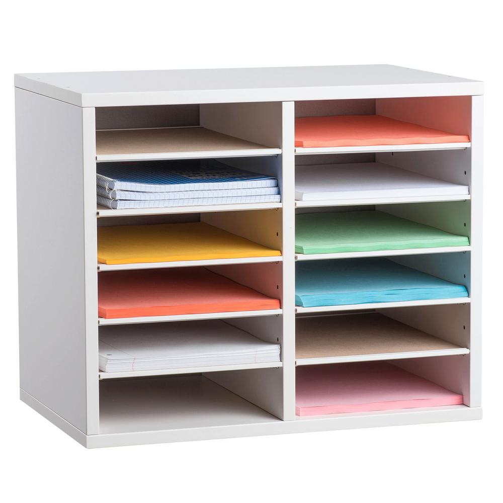 12-Compartment Wood Adjustable Paper Sorter Literature File Organizer, White