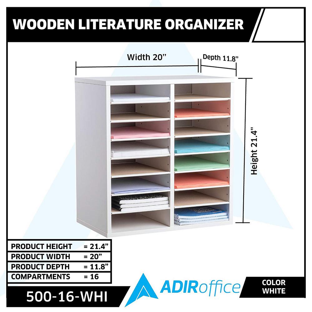 16-Compartment Wood Adjustable Paper Sorter Literature File Organizer, White