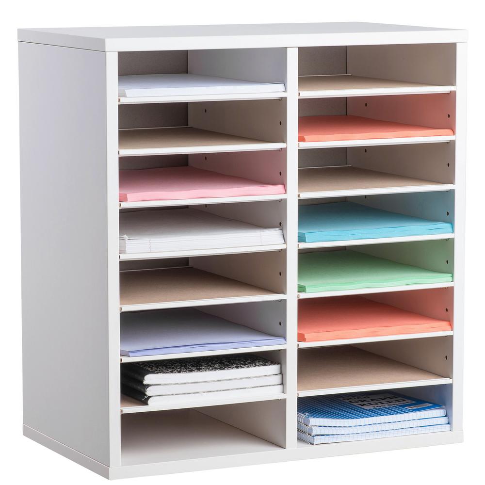 16-Compartment Wood Adjustable Paper Sorter Literature File Organizer, White