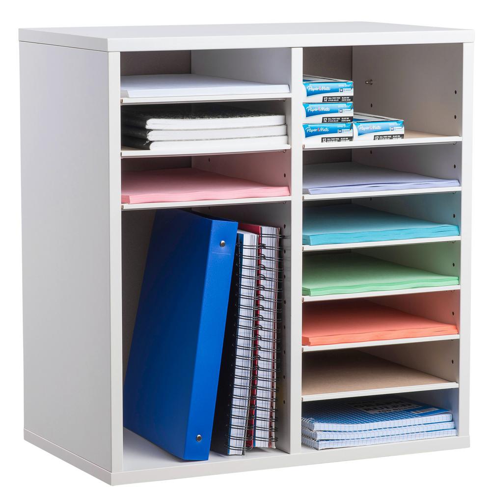 16-Compartment Wood Adjustable Paper Sorter Literature File Organizer, White