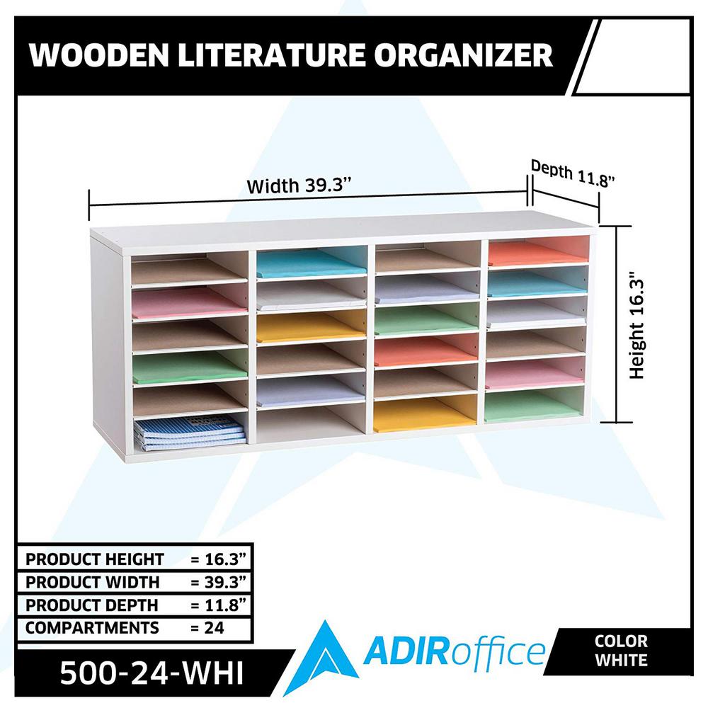 24-Compartment Wood Adjustable Paper Sorter Literature File Organizer, White