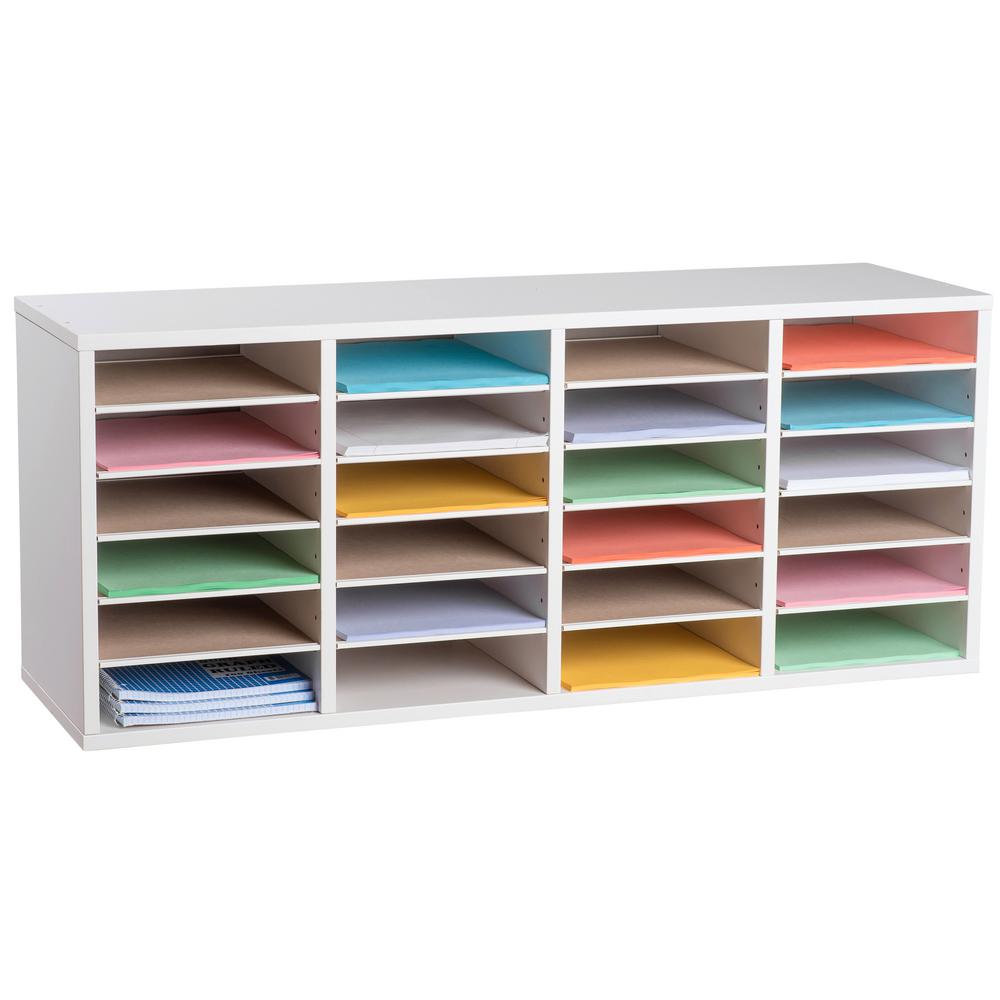 24-Compartment Wood Adjustable Paper Sorter Literature File Organizer, White