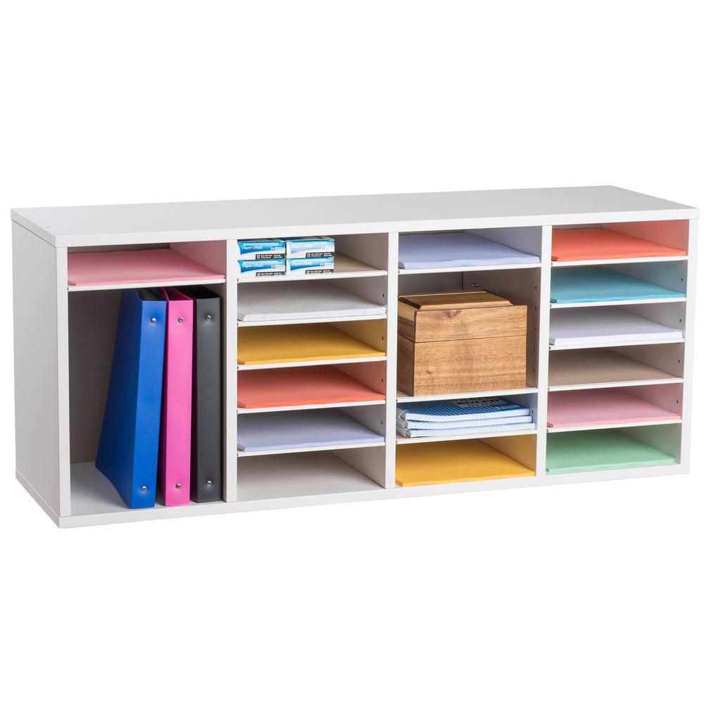 24-Compartment Wood Adjustable Paper Sorter Literature File Organizer, White