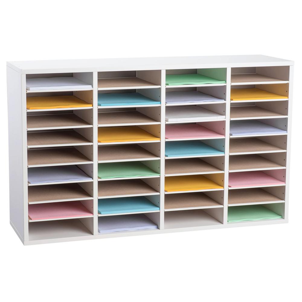 36-Compartment Wood Adjustable Paper Sorter Literature File Organizer, White