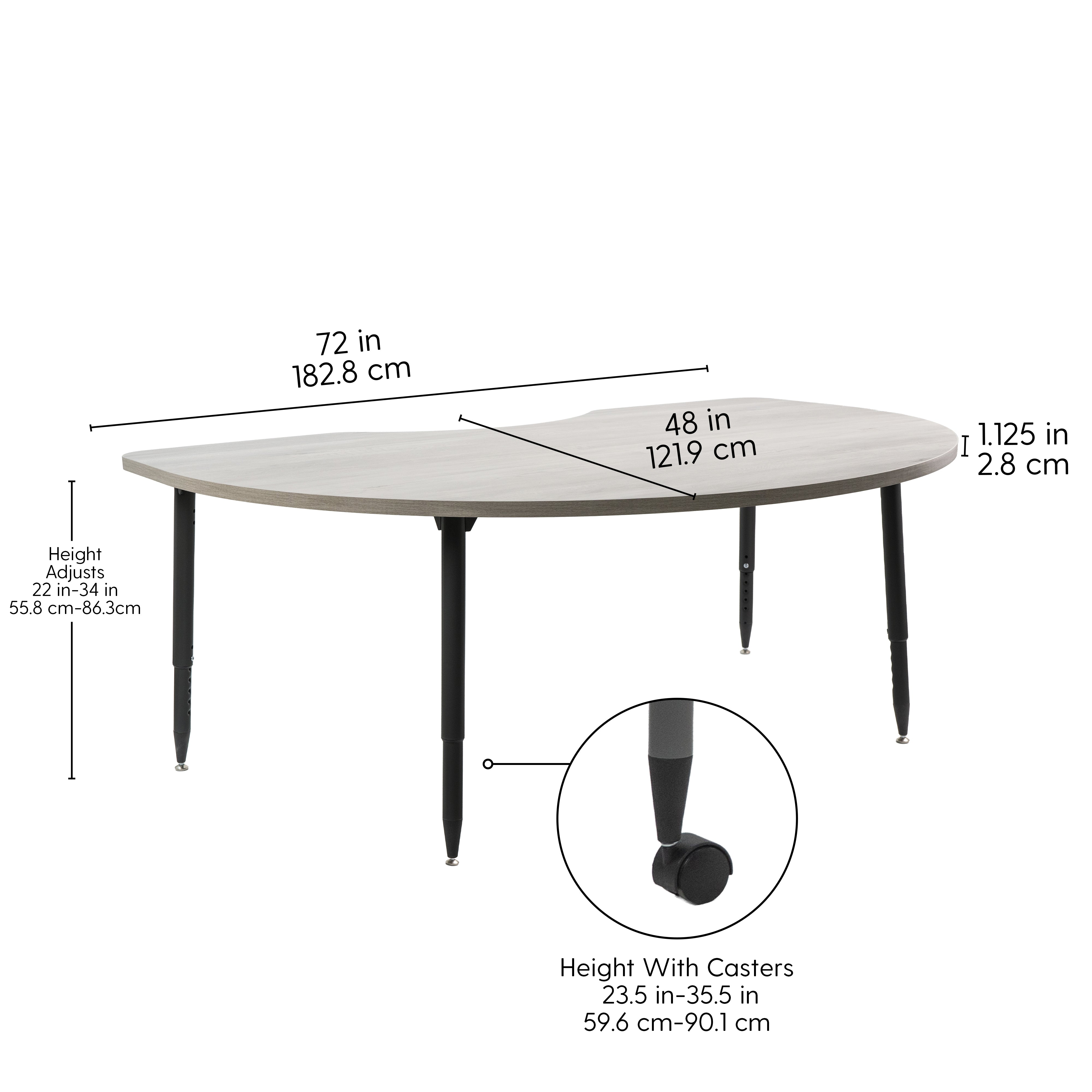 Adapte 48" x 72" Kidney Woodgrain Activity Table with Adjustable Tapered Legs - Light Gray Wood/Black