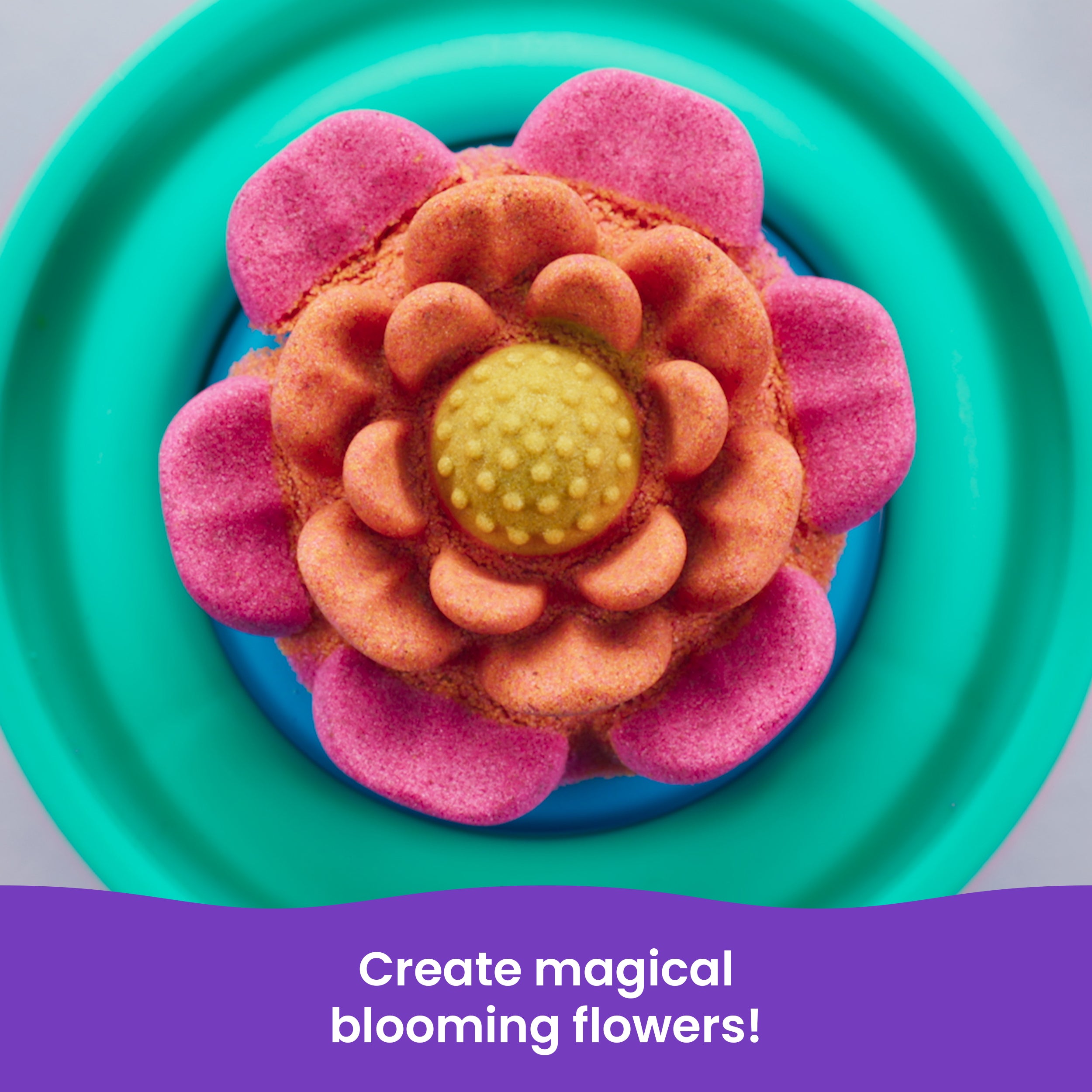 Kinetic Sand, SquishBlossom Blooming Flower with 8oz Neon Yellow & Pink Play Sand, Pot & Molds, Gifts for Mom & Kids, Arts and Crafts Sensory Toys