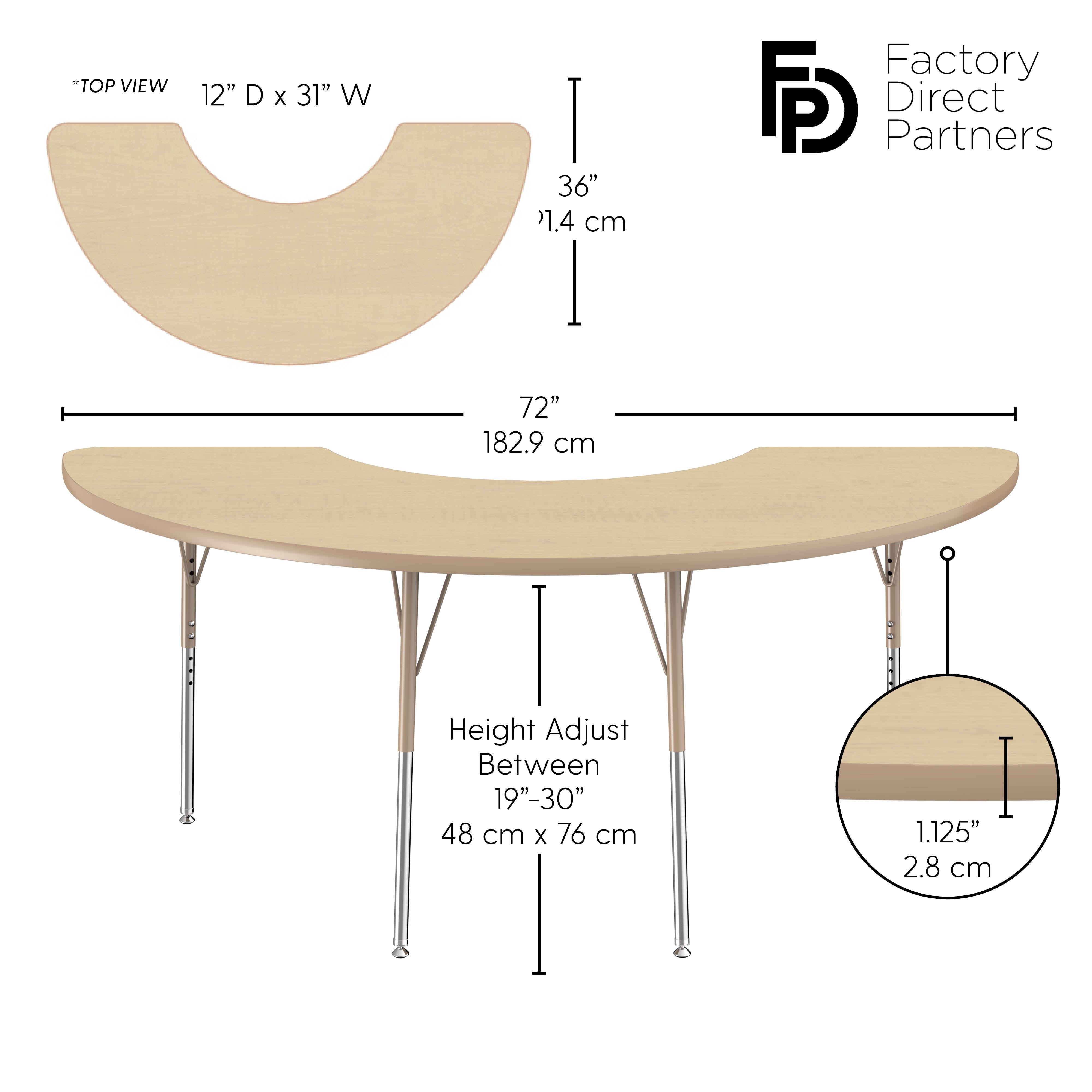 36" x 72" Half Moon T-Molding Activity Table with Adjustable Standard Swivel Glide Legs - Maple/Sand