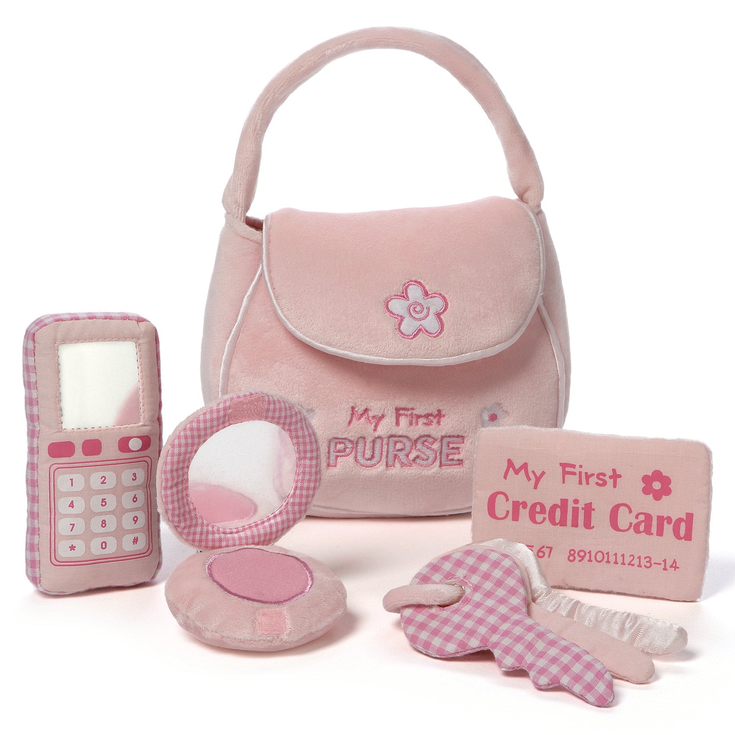 Baby GUND Play Soft Collection, My First Purse 5-Piece Plush Playset with Rattle, Mirror and Crinkle Plush Toys, Sensory Toy for Babies and Newborns, 8”