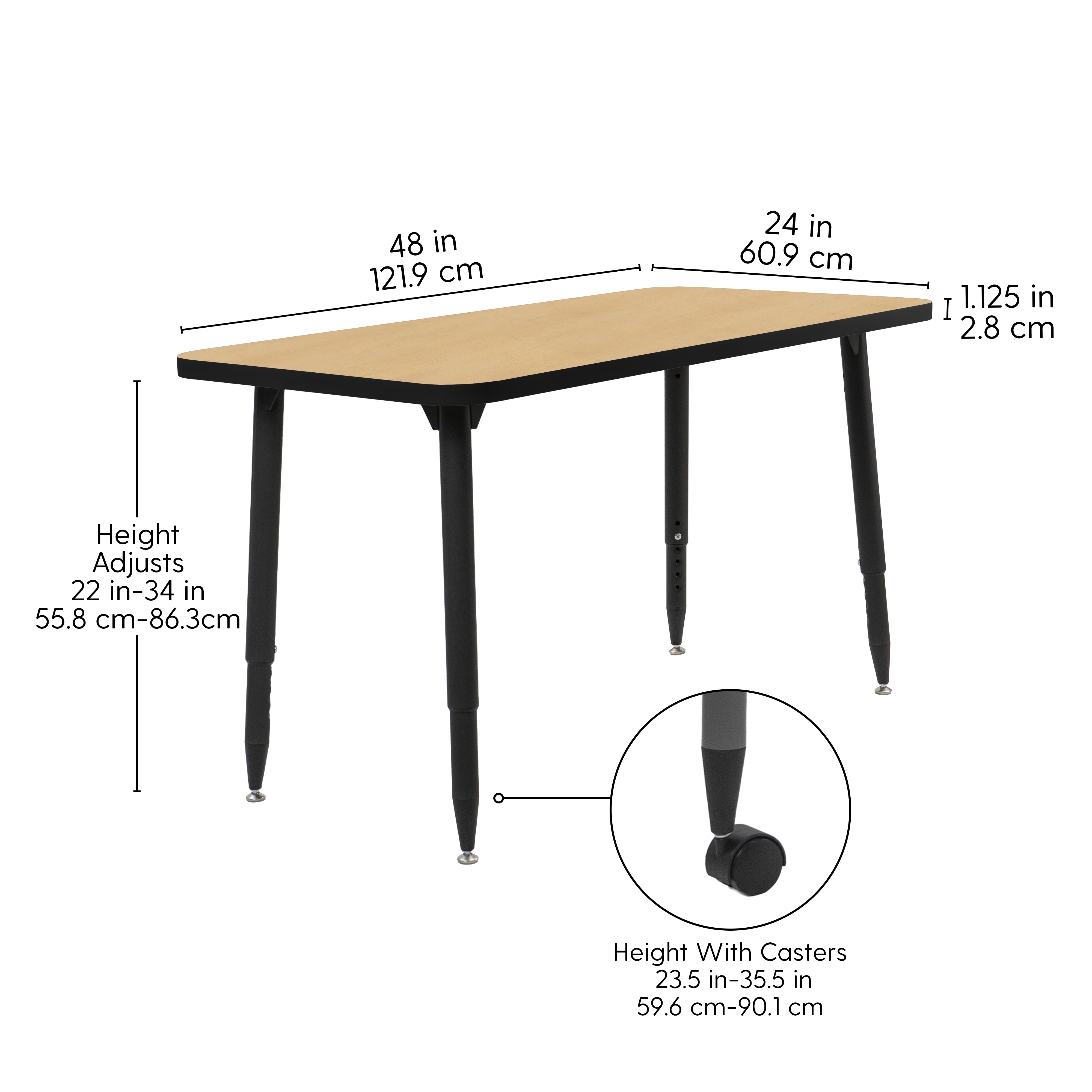 Adapte 24" x 48" Rectangle Thermofused Activity Table with Adjustable Tapered Legs - Maple/Black
