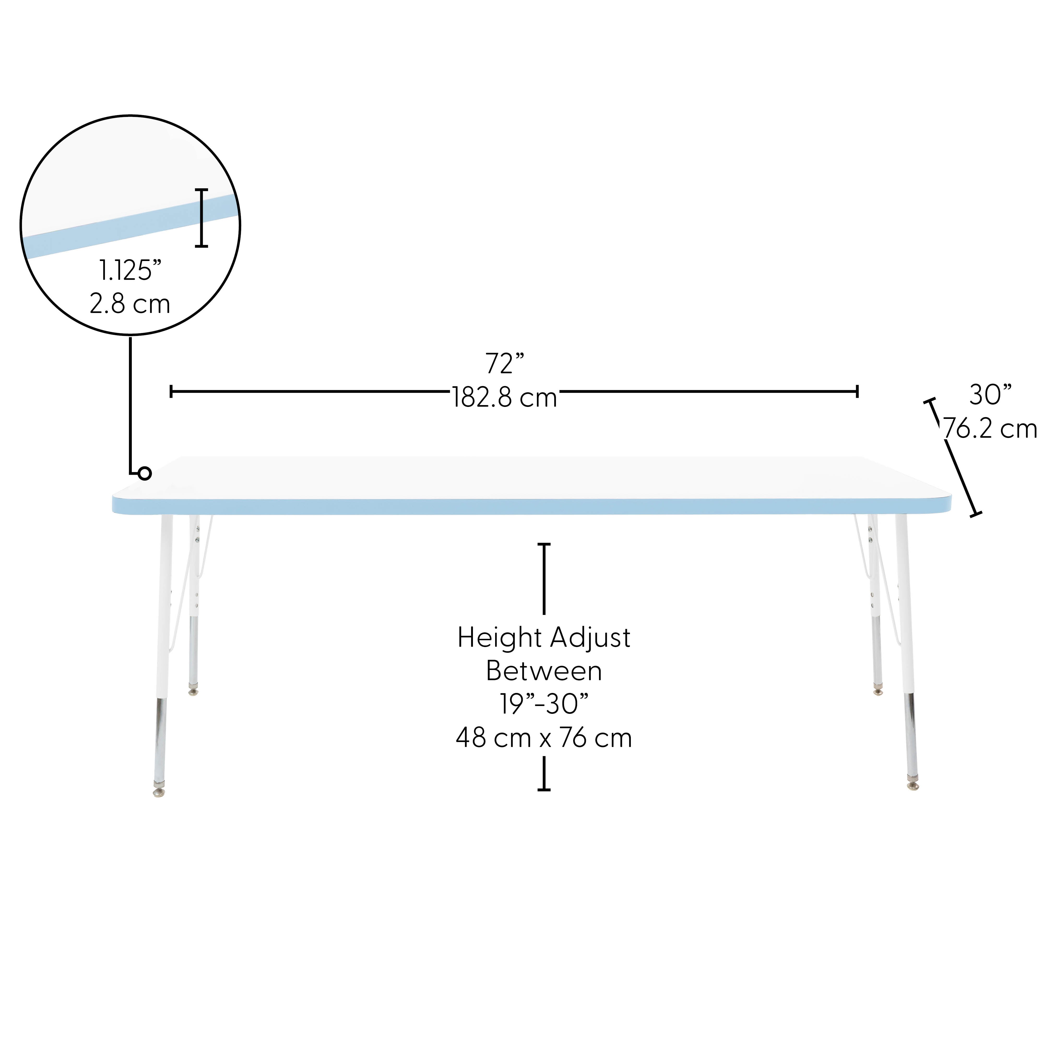 30" x 72" Rectangle Thermofused Activity Table with Adjustable Standard Swivel Glide Legs - White/Powder Blue/White