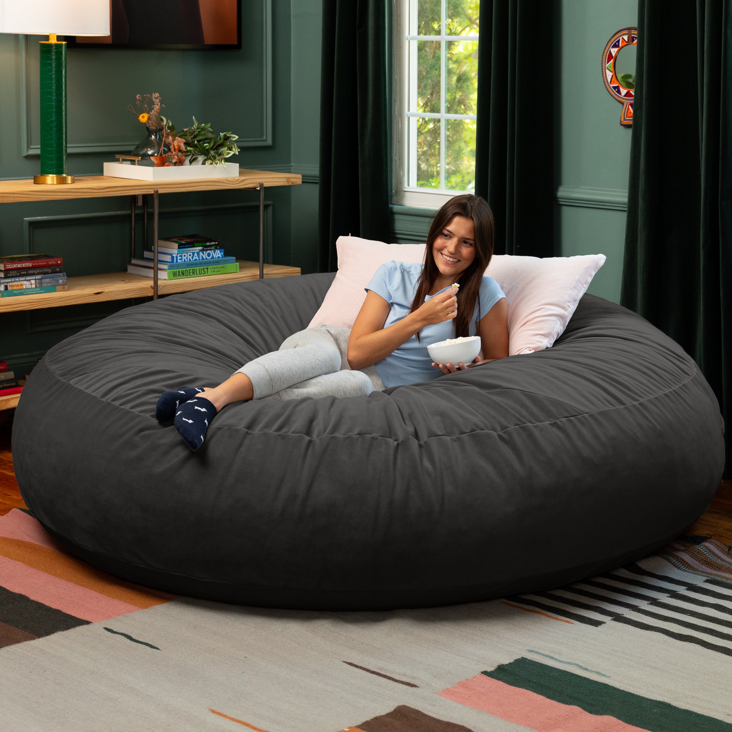 Jaxx 7 Foot Cocoon - 2-in-1 Convertible Bean Bag Bed & Large Bean Bag Chair for Adults, Lush Velvet Black