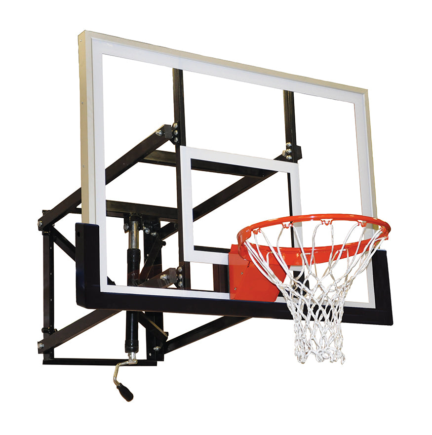 Basketball Backstop - Wall-Mounted - Shooting Station - Adjustable Height (Indoor/Outdoor) - (65 in.W x 36 in.H) - Glass Backboard, Flex Goal, Edge/Protector Padding