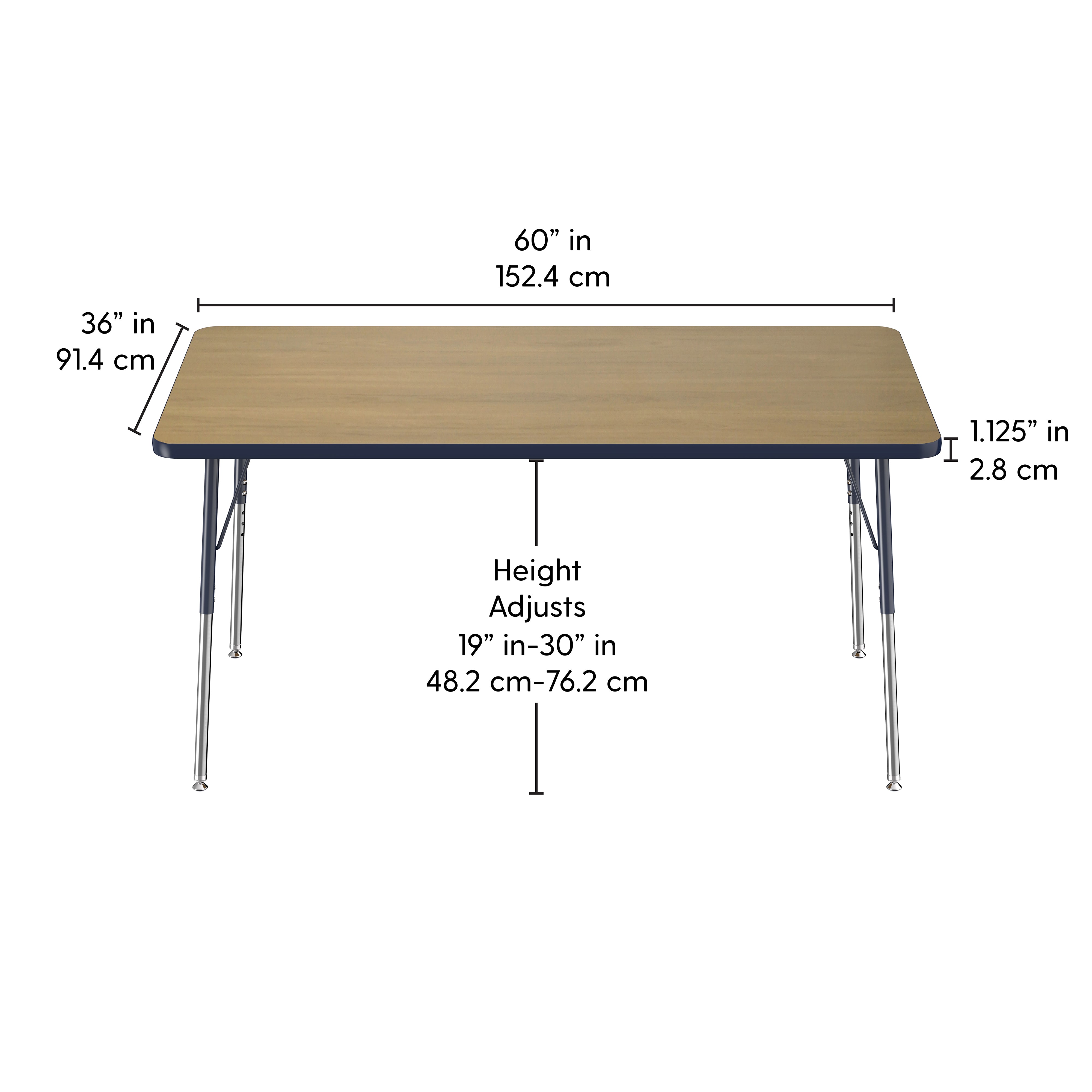 36" x 60" Rectangle T-Molding Activity Table with Adjustable Standard Swivel Glide Legs - Pasadena Oak/Navy