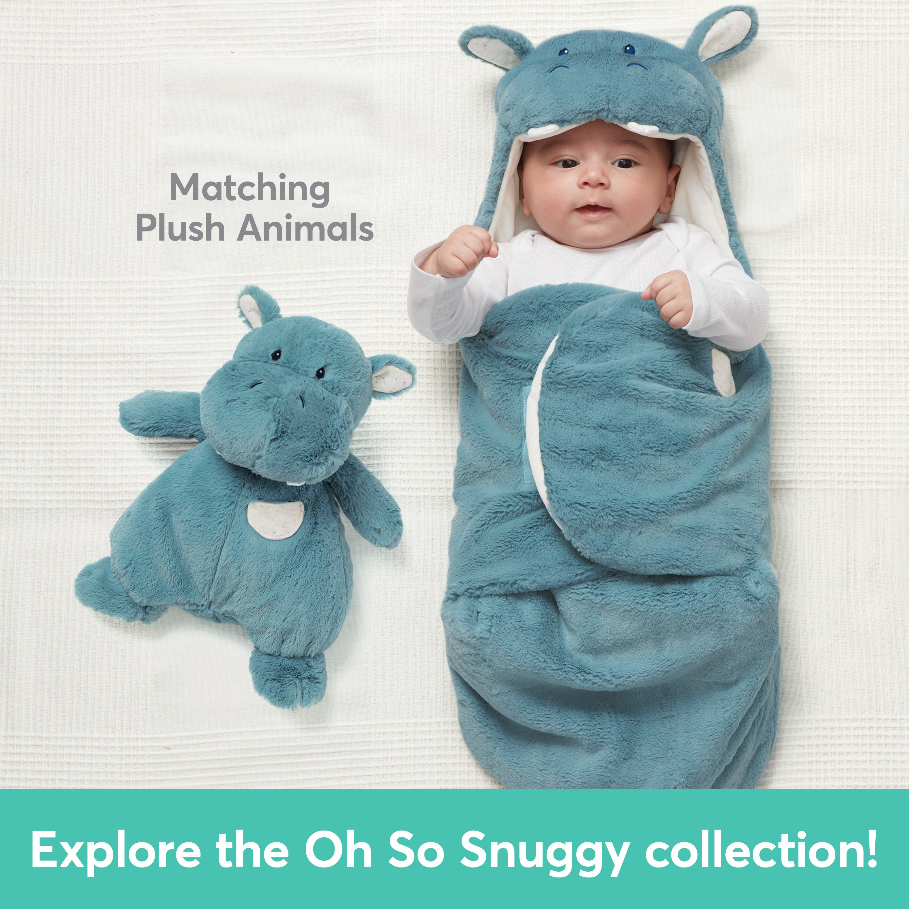 Baby GUND Oh So Snuggly Hippo Blanket Wrap, Plush Hooded Baby Blanket Wrap for Newborns, Blue/Cream, 26”