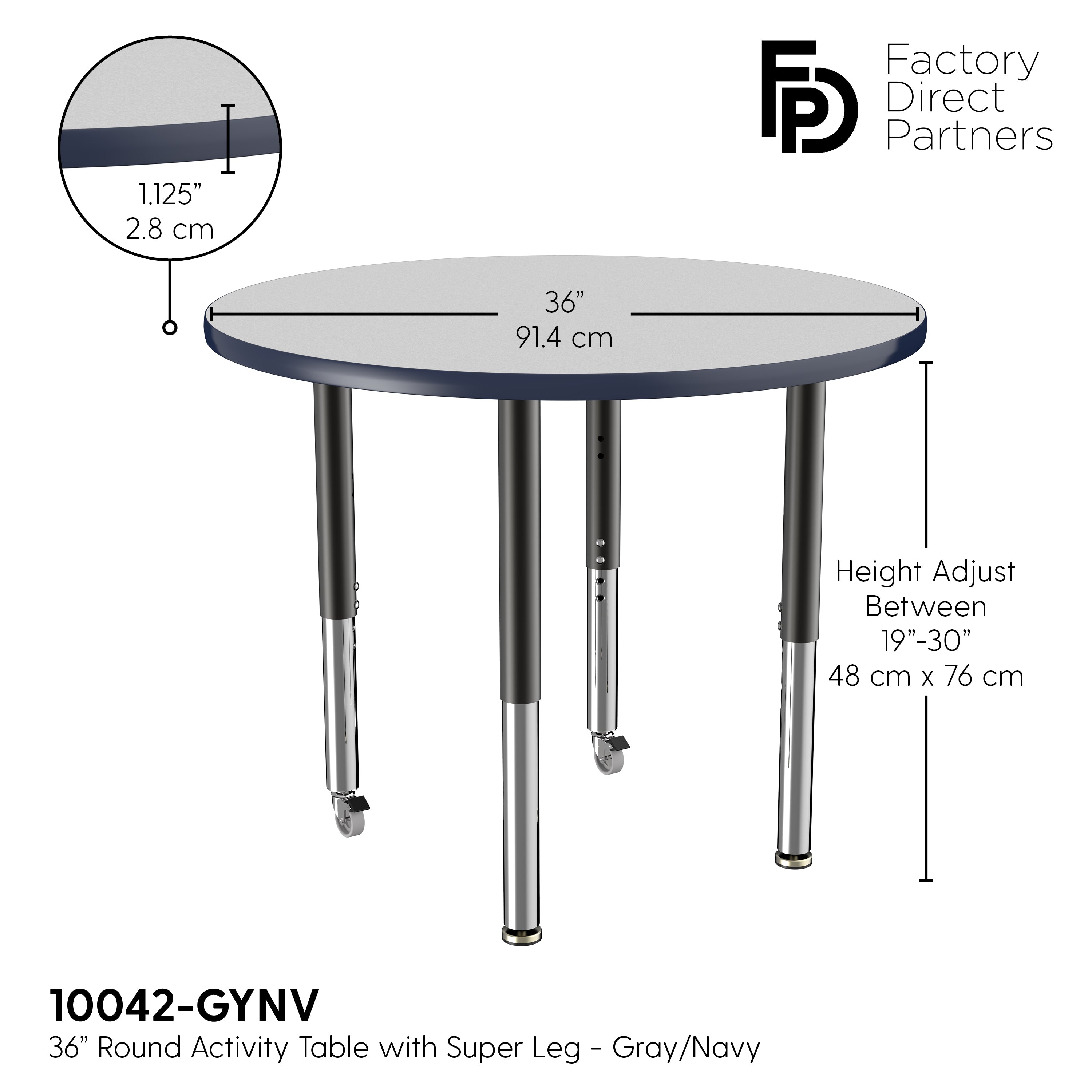 36" Round T-Molding Activity Table with Adjustable Super Legs - Gray/Navy/Black