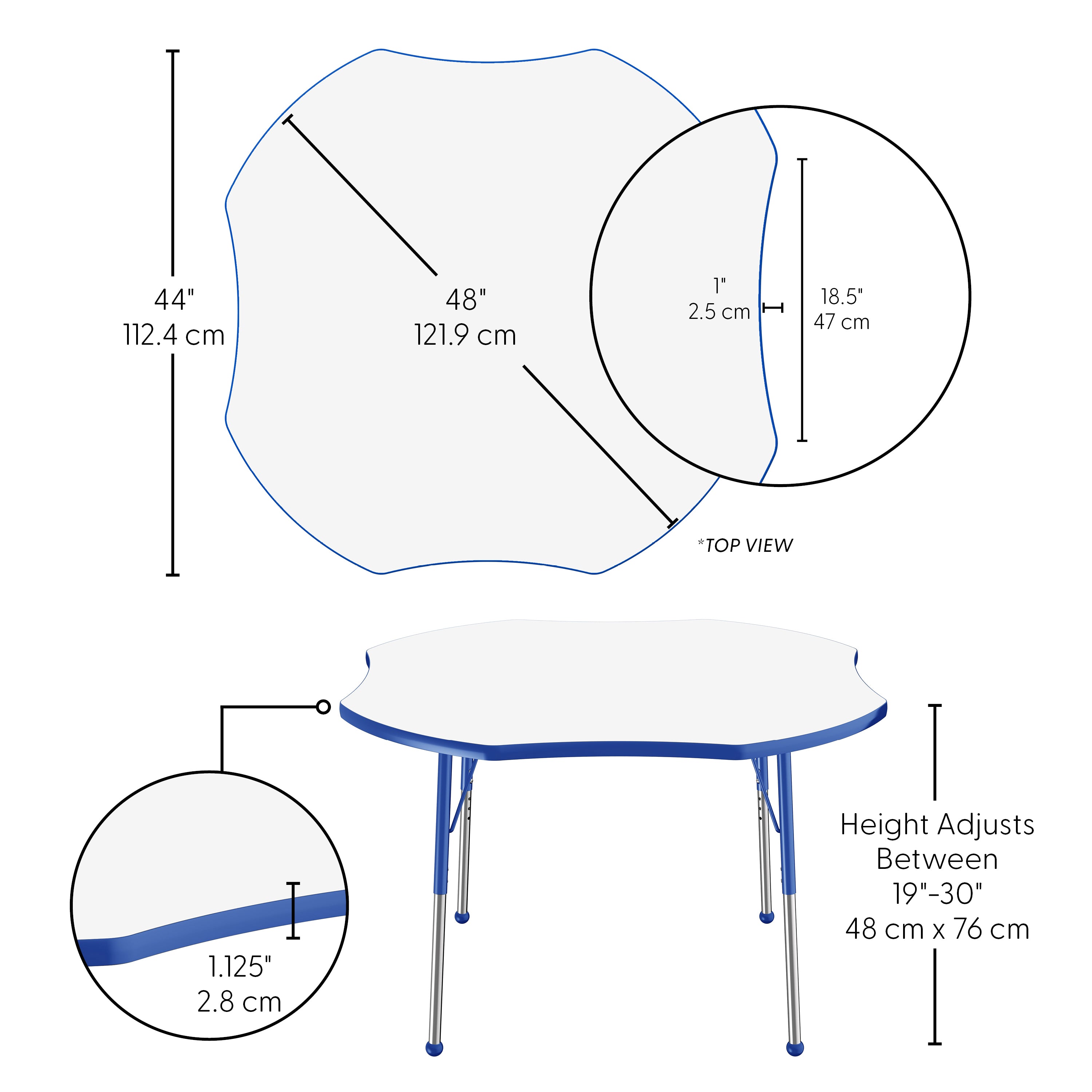 48" x 48" Clover Dry-Erase Activity Table with Adjustable Standard Ball Glide Legs - Whiteboard/Blue