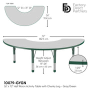 36" x 72" Half Moon T-Molding Activity Table with Adjustable Chunky Legs - Gray/Green