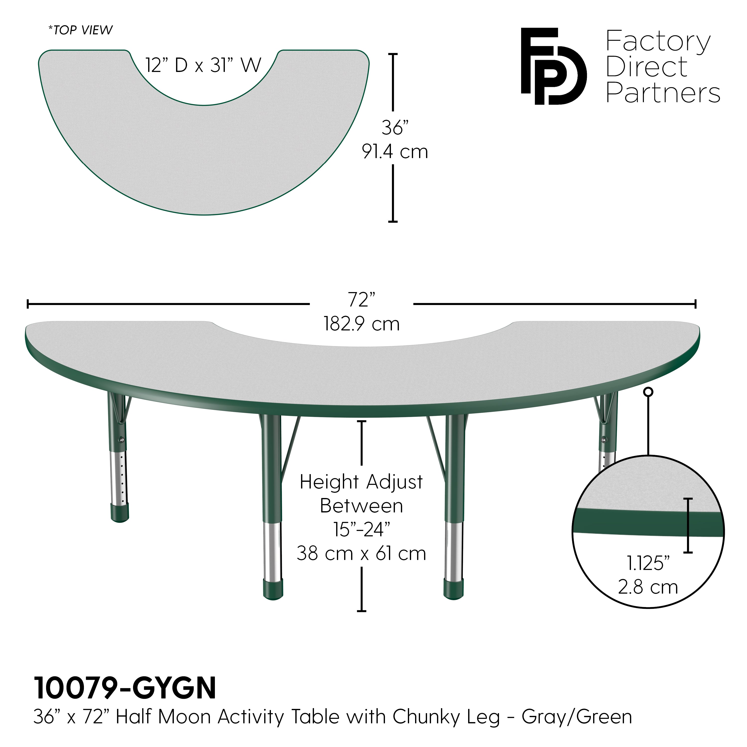 36" x 72" Half Moon T-Molding Activity Table with Adjustable Chunky Legs - Gray/Green