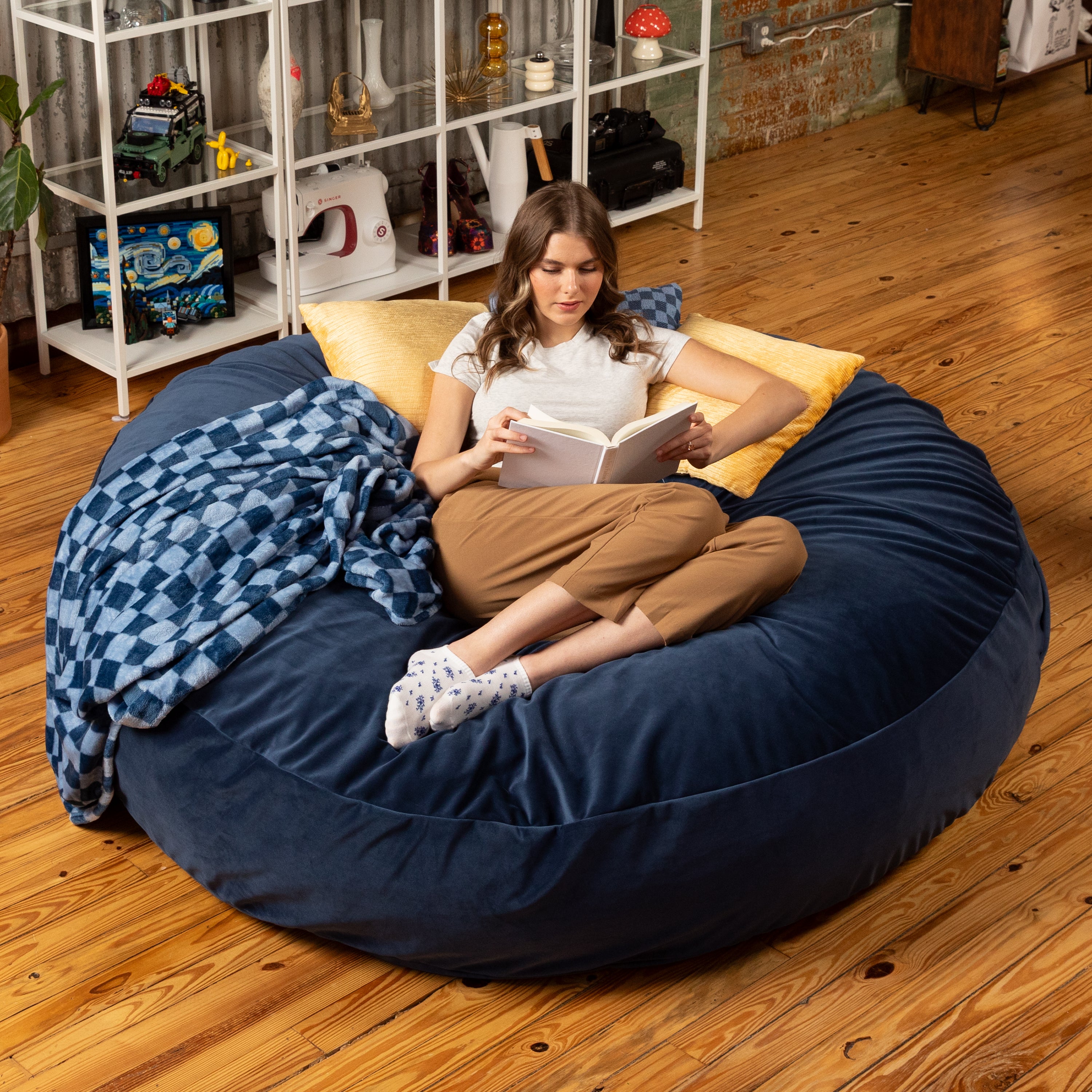 Jaxx 6 Foot Cocoon - 2-in-1 Convertible Bean Bag Bed & Large Bean Bag Chair for Adults, Premium Lush Velvet - Navy Blue
