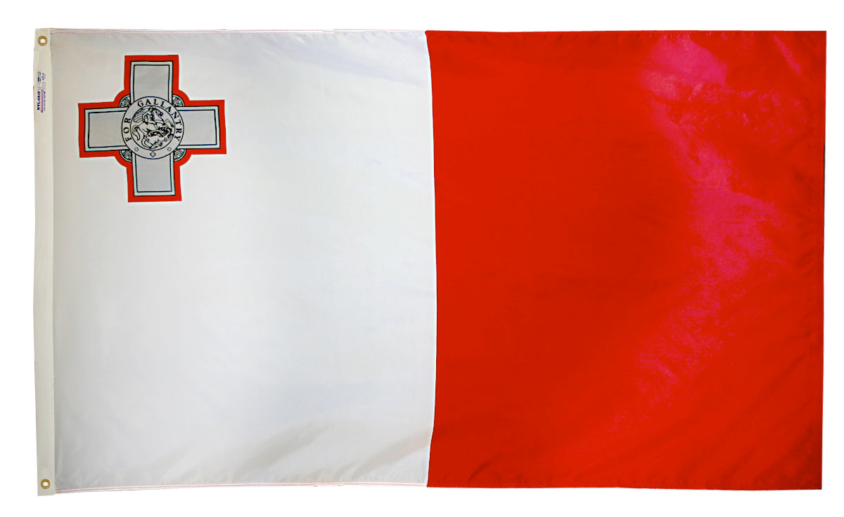 Malta Flag 5x8 ft. Nylon SolarGuard Nyl-Glo 100% Made in USA to Official United Nations Design Specifications.