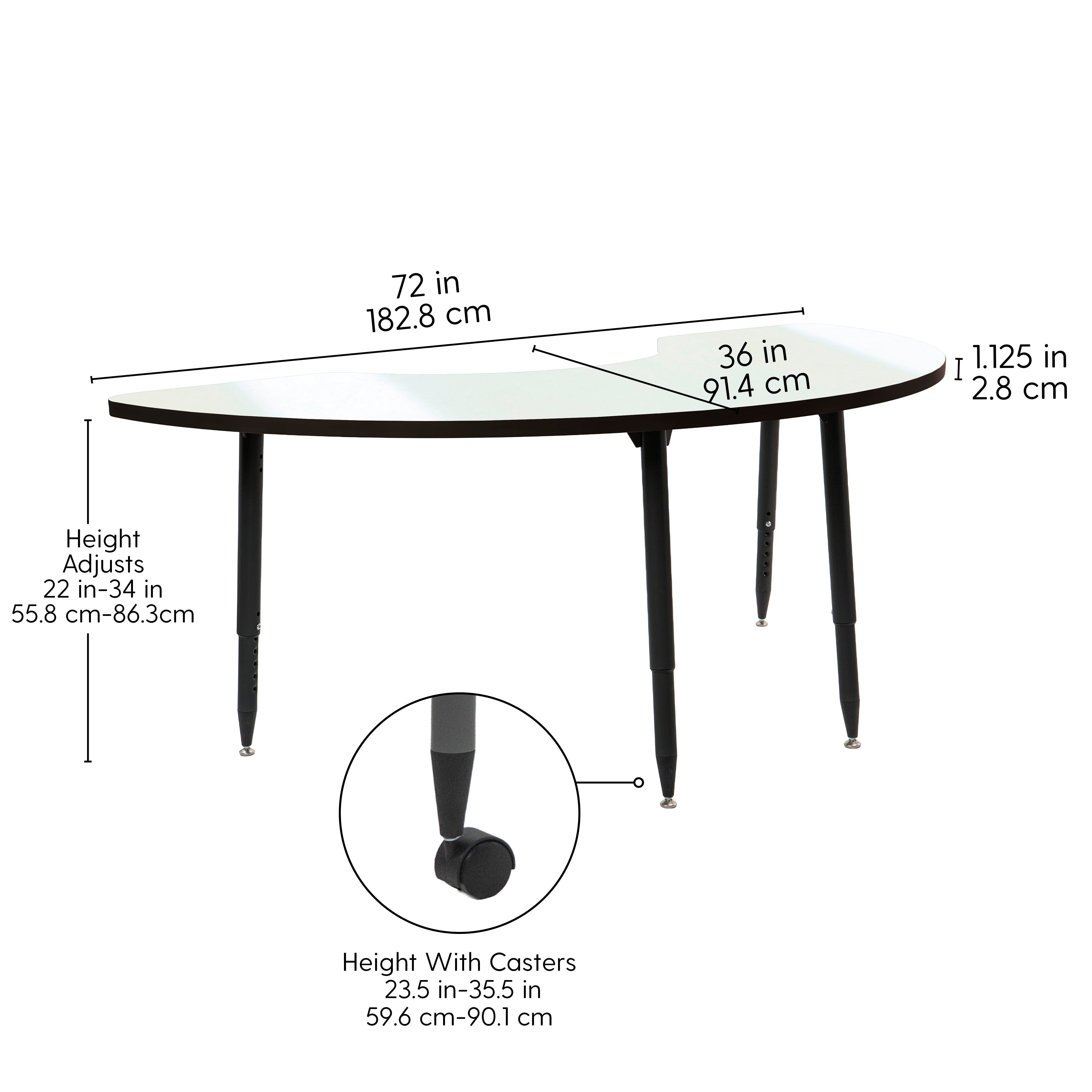 Adapte 36" x 72" Half Moon Dry-Erase Activity Table with Adjustable Tapered Legs - Whiteboard/Black