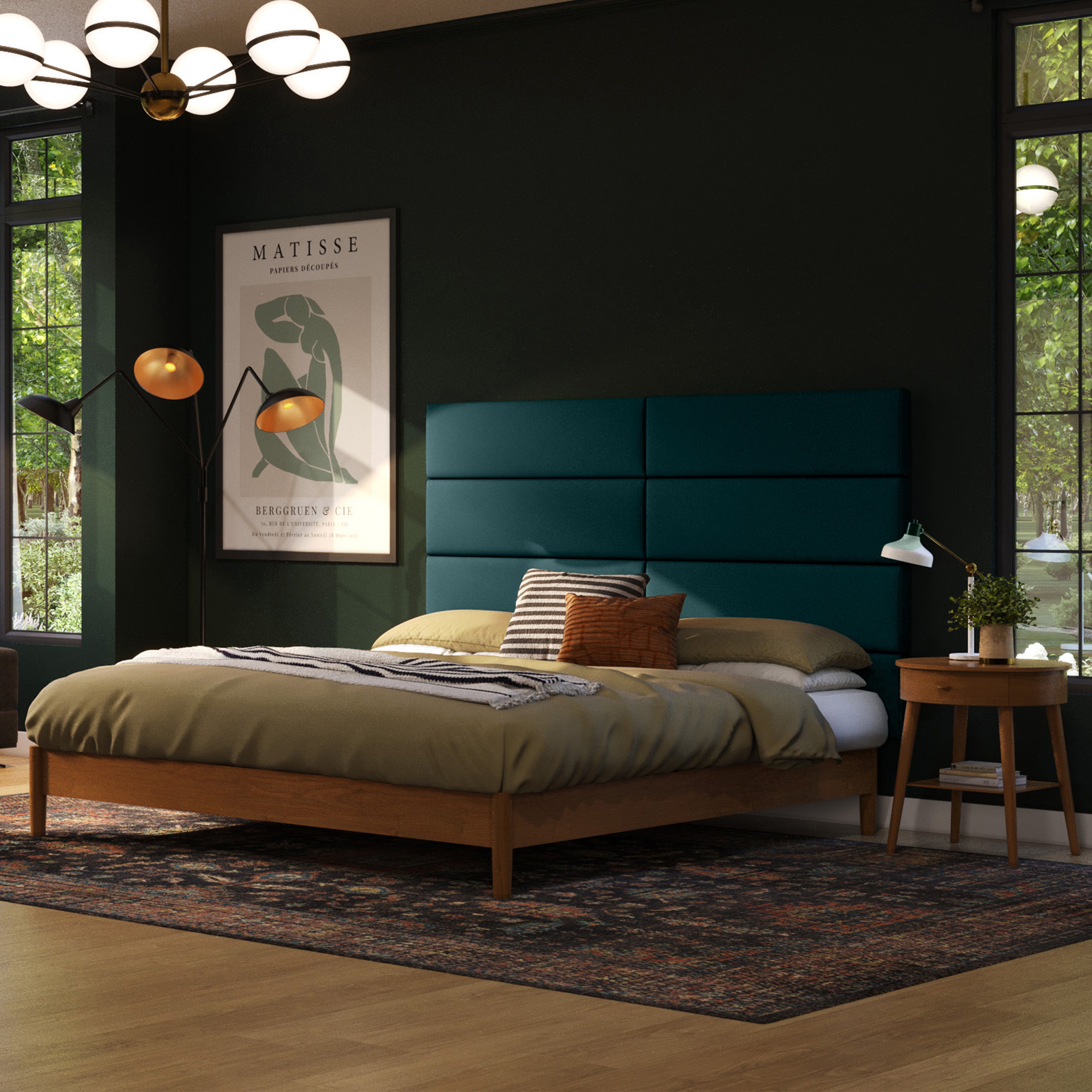 Jaxx Panelist Modern Padded Headboard – Set of 4 Wall Mounted Panels (Each 11.25" x 30") - Queen, Vegan Leather, Genesis Green