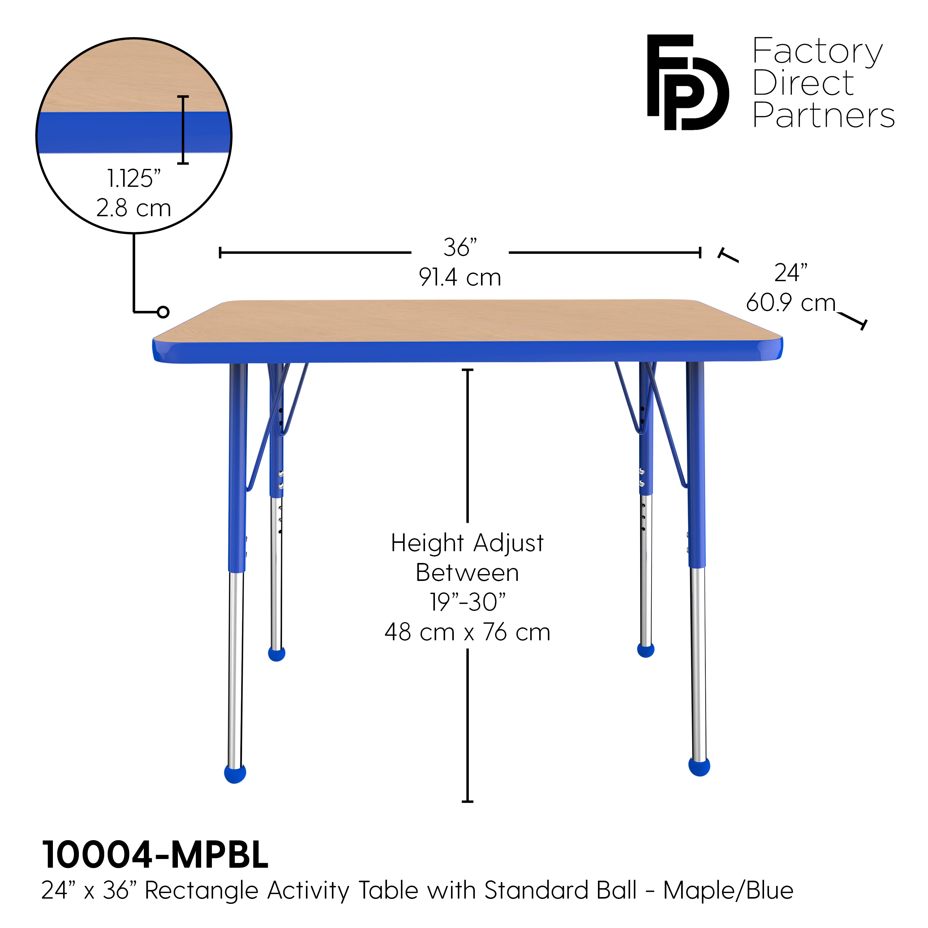 24" x 36" Rectangle T-Molding Activity Table with Adjustable Standard Ball Glide Legs - Maple/Blue