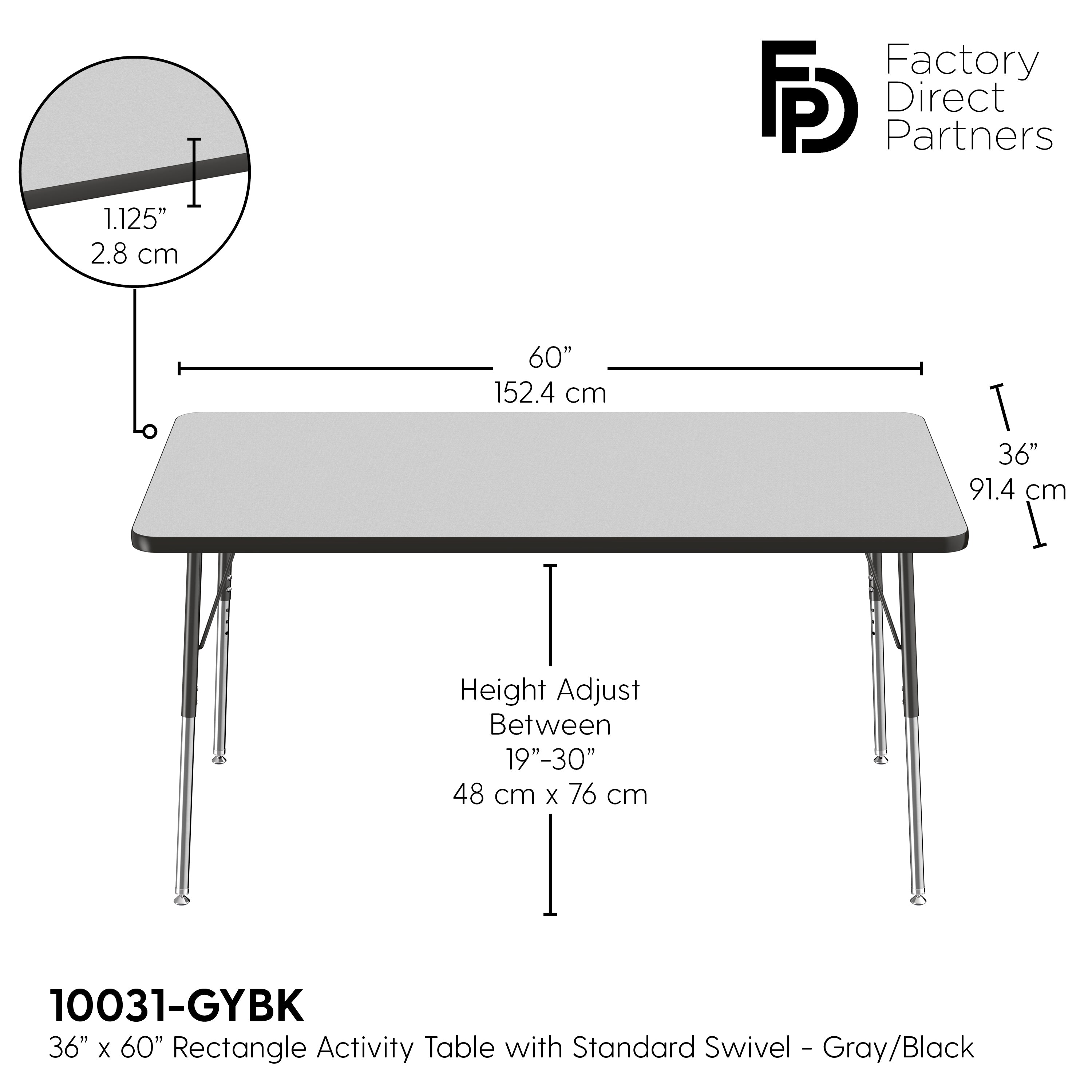 36" x 60" Rectangle T-Molding Activity Table with Adjustable Standard Swivel Glide Legs - Gray/Black