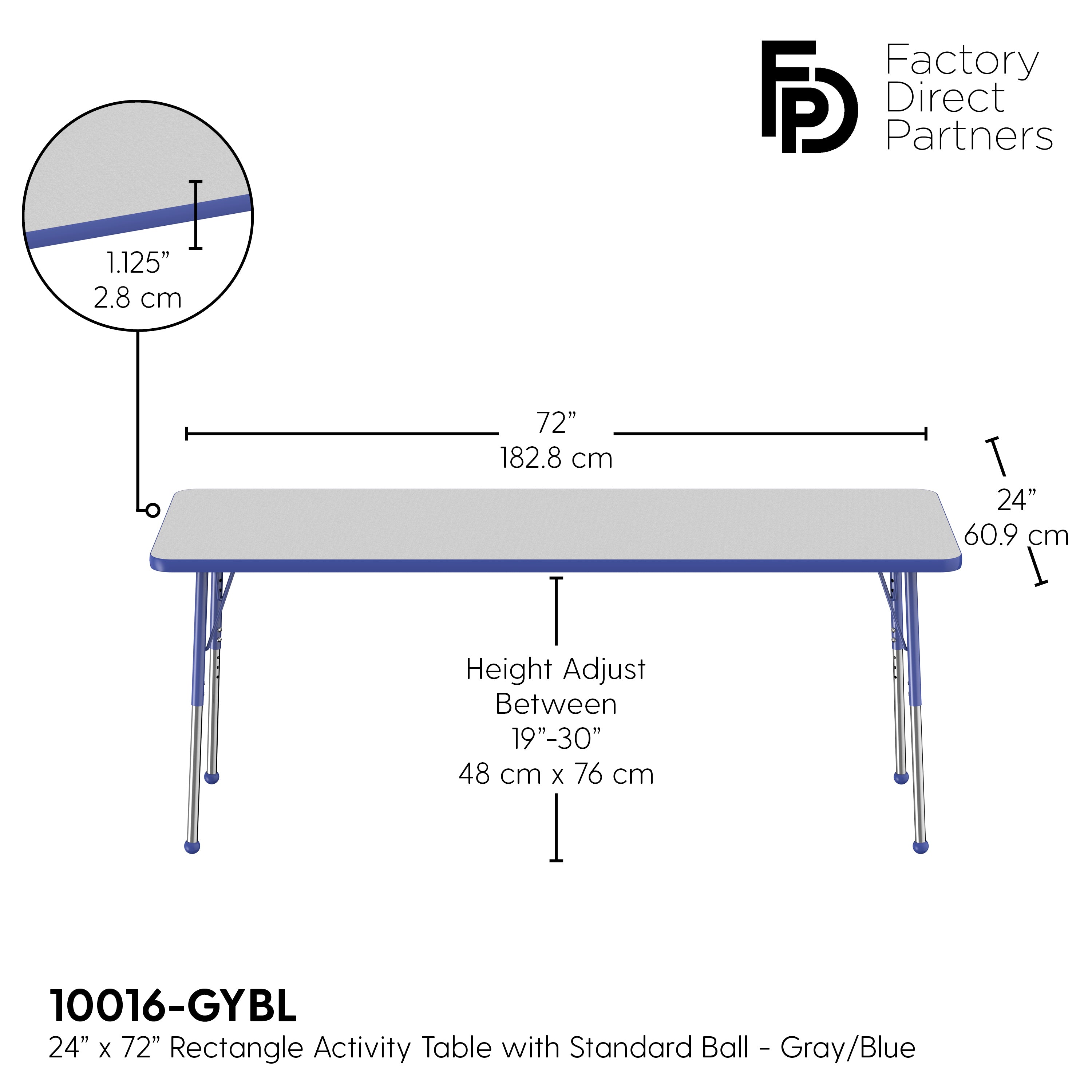 24" x 72" Rectangle T-Molding Activity Table with Adjustable Standard Ball Glide Legs - Gray/Blue