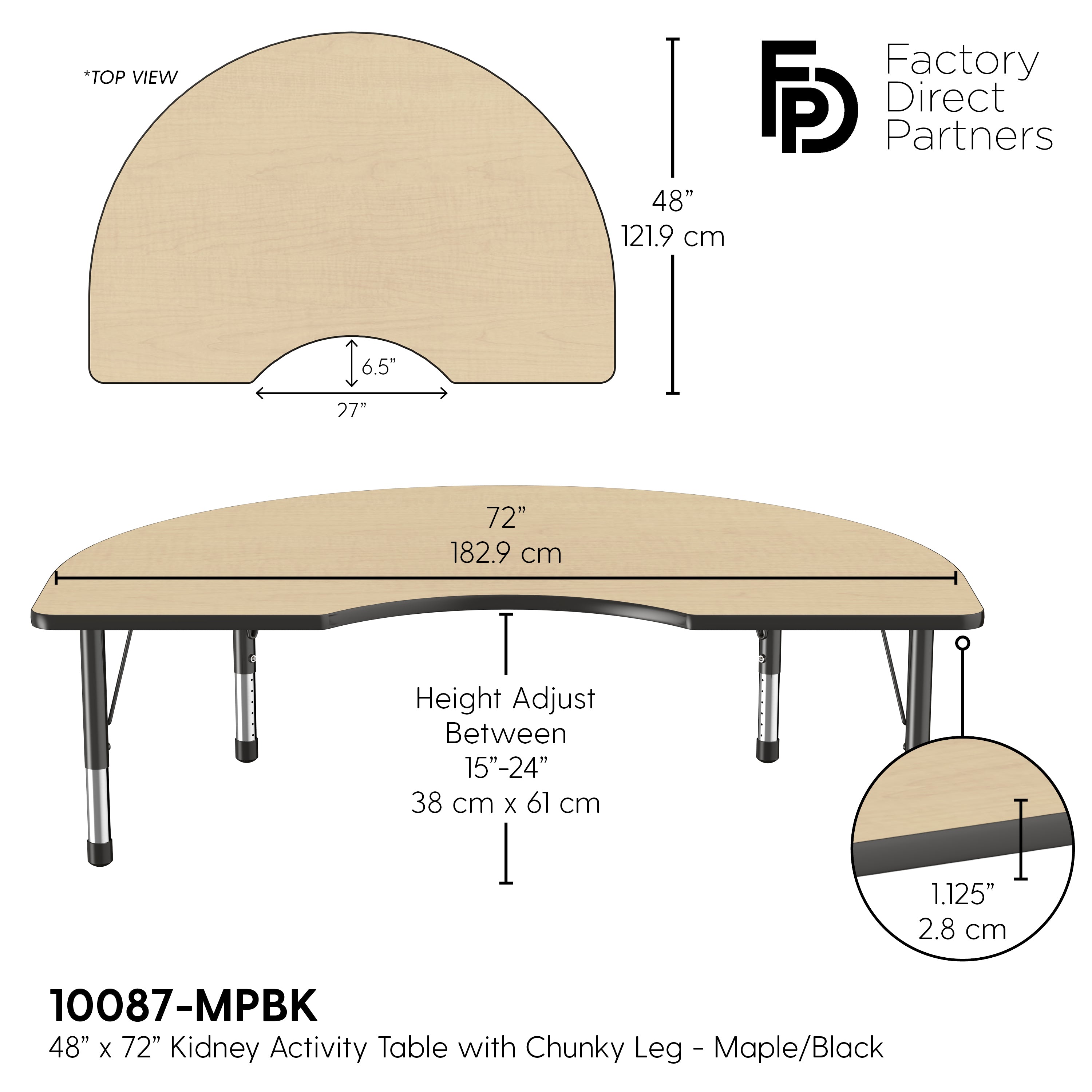 48" x 72" Kidney T-Molding Activity Table with Adjustable Chunky Legs - Maple/Black