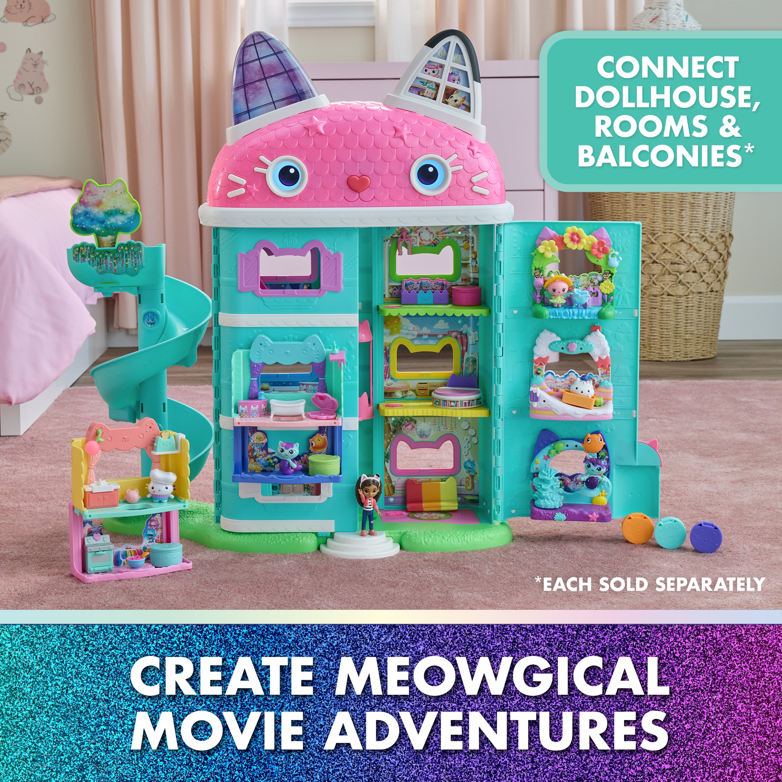 Gabby's Dollhouse: The Movie, Meow-mazing Interactive Dollhouse, 7 Rooms, LCD Screen Eyes, Figures, Sound FX, Kids Toys for Girls & Boys Ages 3 and Up