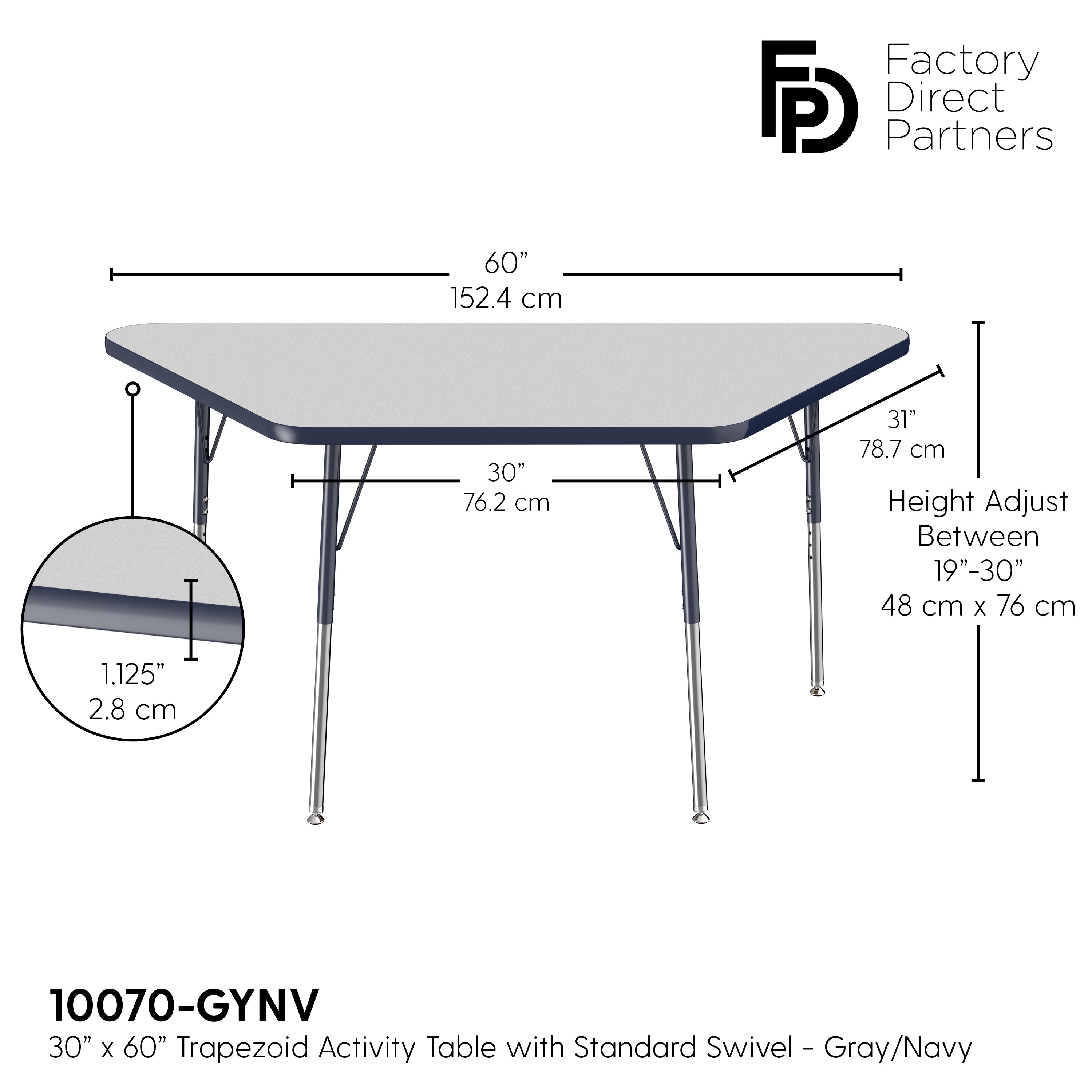 30" x 60" Trapezoid T-Molding Activity Table with Adjustable Standard Swivel Glide Legs - Gray/Navy
