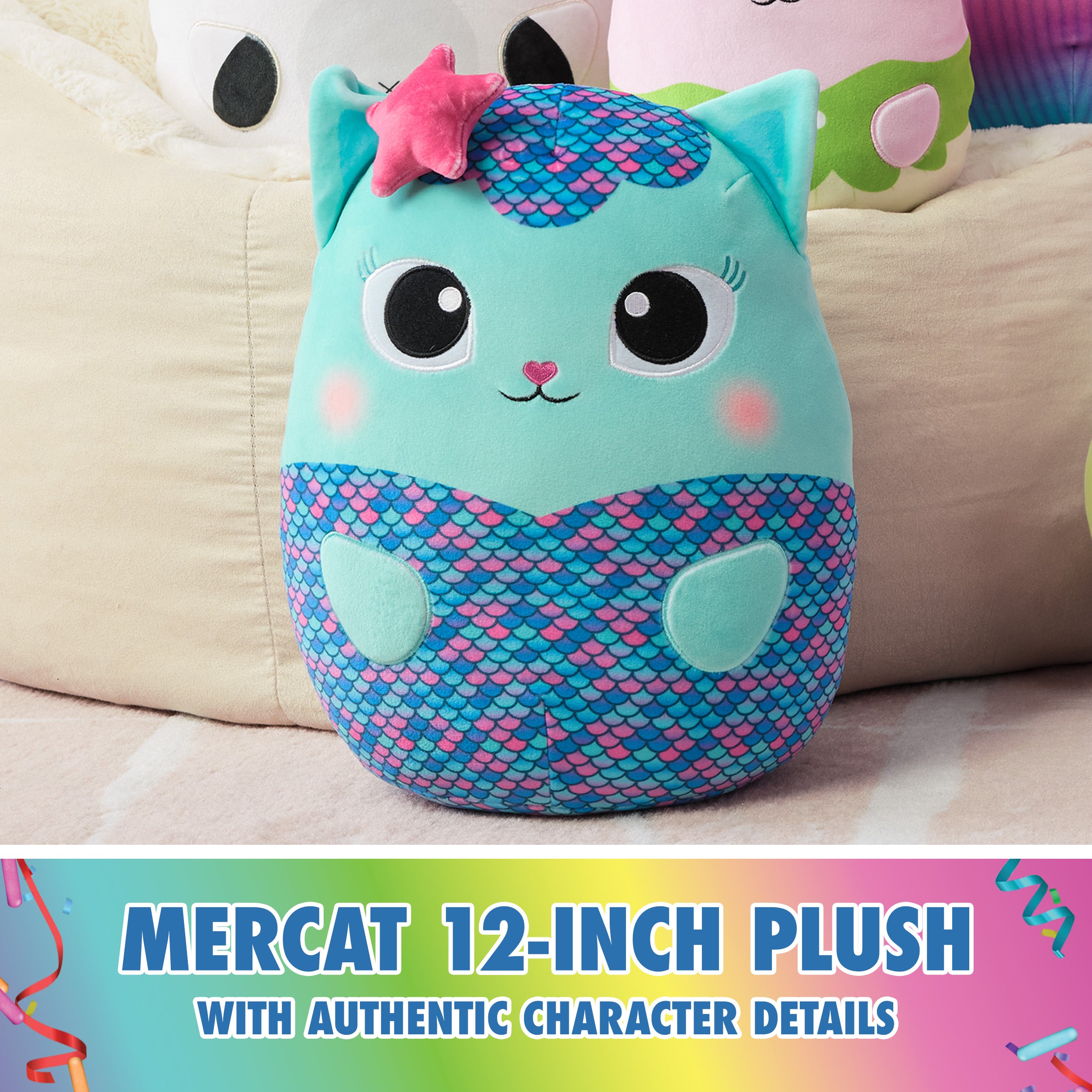 Gabby’s Dollhouse Official MerCat Squishy Plush Toy, Cat Stuffed Animal, Squishy Toys for Ages 1 & Up, Blue, 12”