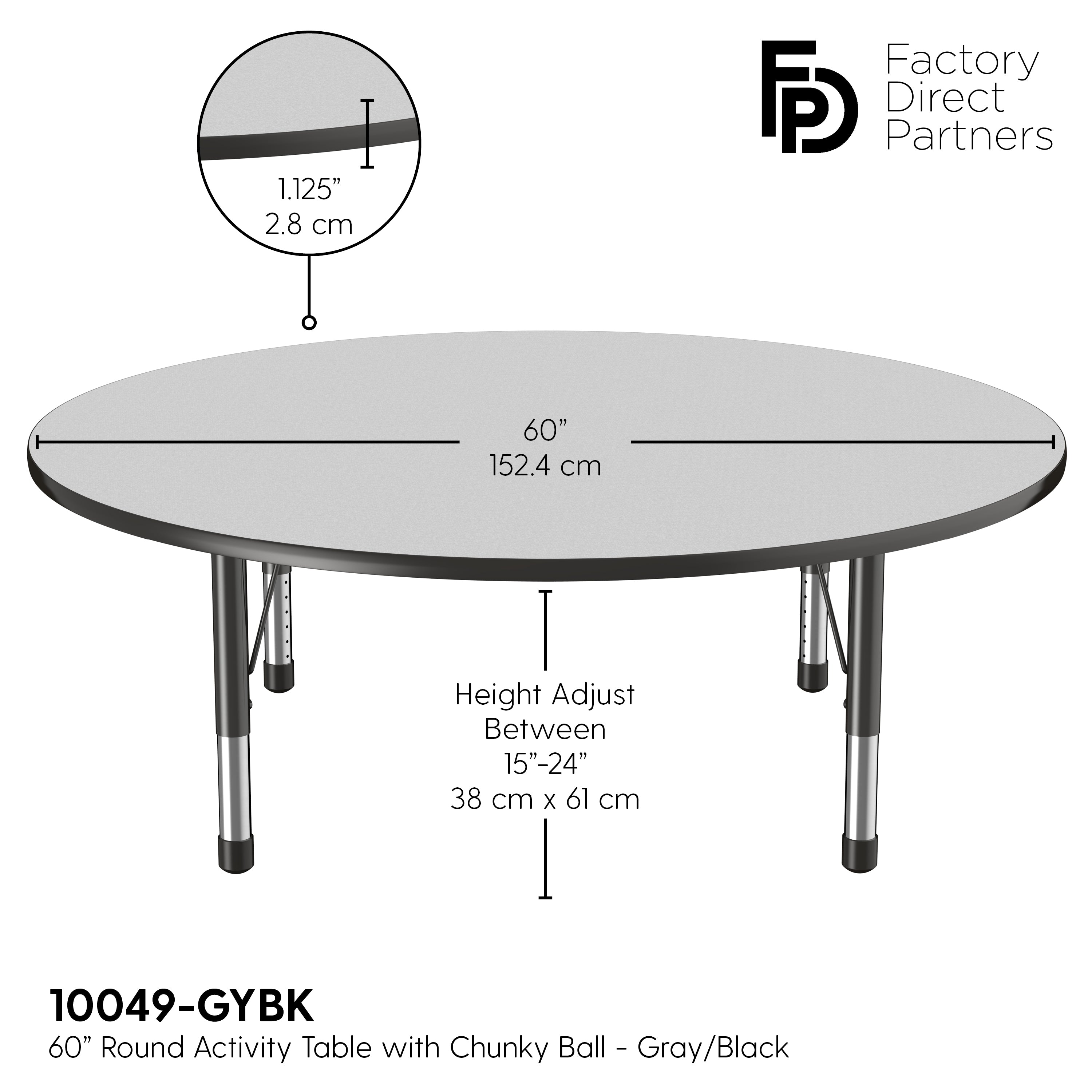 60" Round T-Molding Activity Table with Adjustable Chunky Legs - Gray/Black
