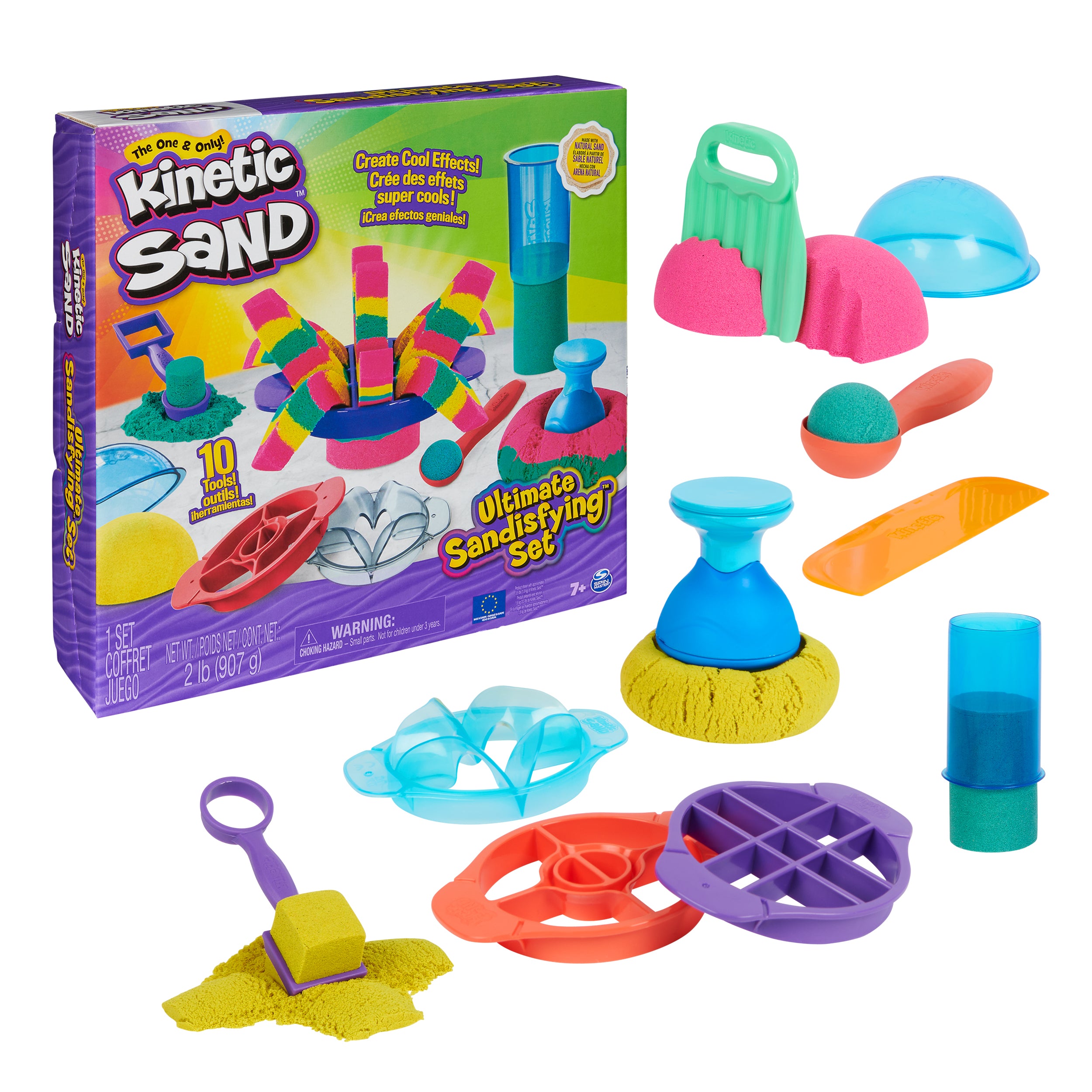Kinetic Sand, Ultimate Sandisfying Set with 2lbs Play Sand Pink, Yellow & Teal, 10 Tools & Molds, Sensory Toys for Kids Ages 7 and up