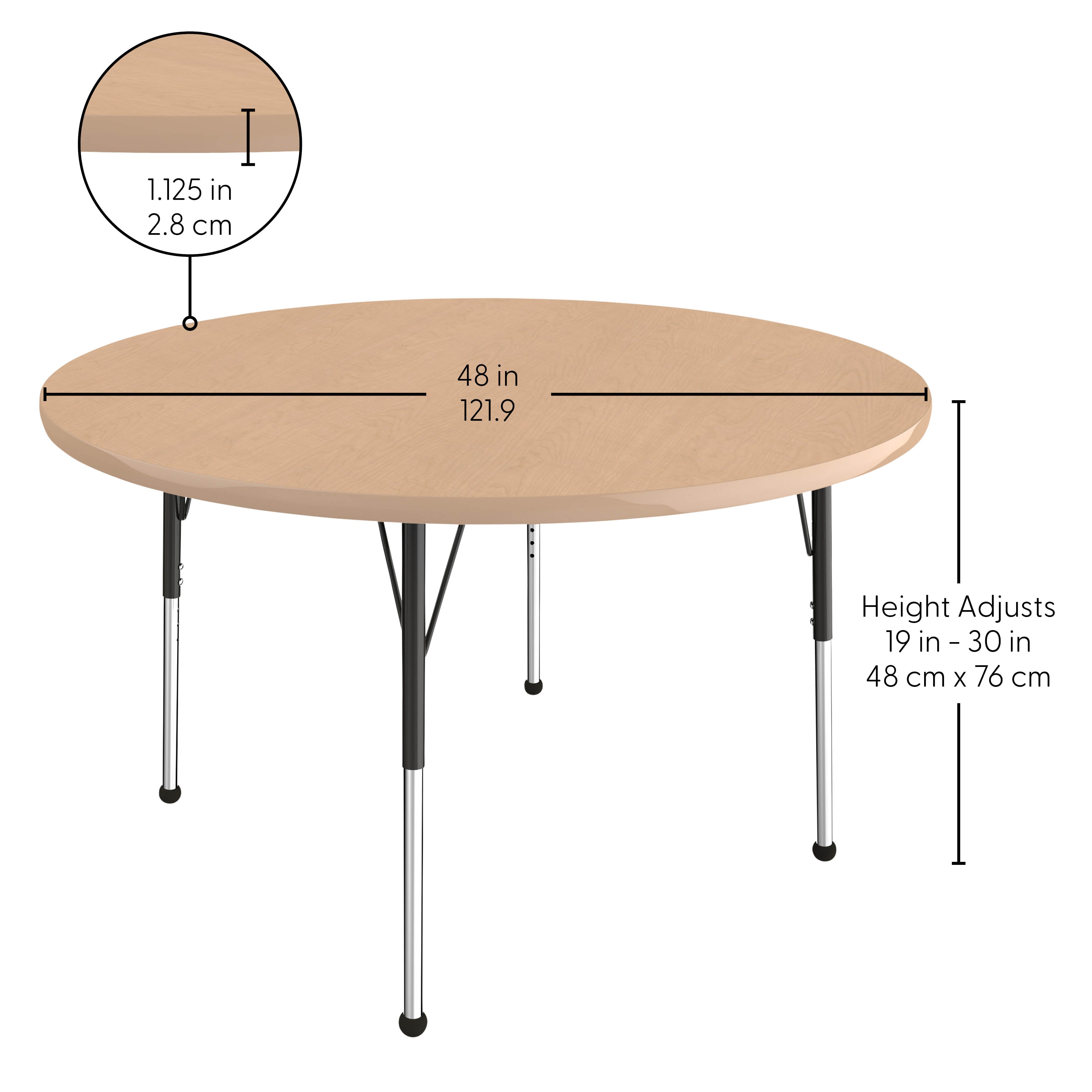 48" Round Thermofused Activity Table with Adjustable Standard Ball Glide Legs - Maple/Maple/Black