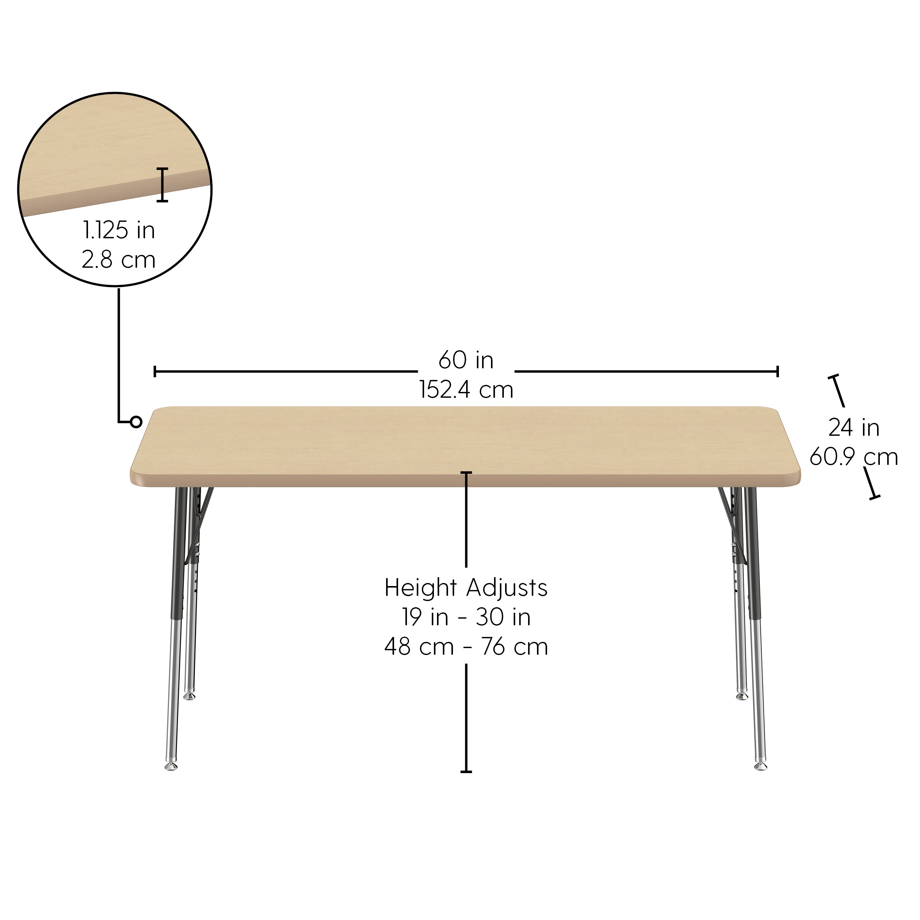 24" x 60" Rectangle T-Molding Activity Table with Adjustable Standard Swivel Glide Legs - Maple/Maple/Black