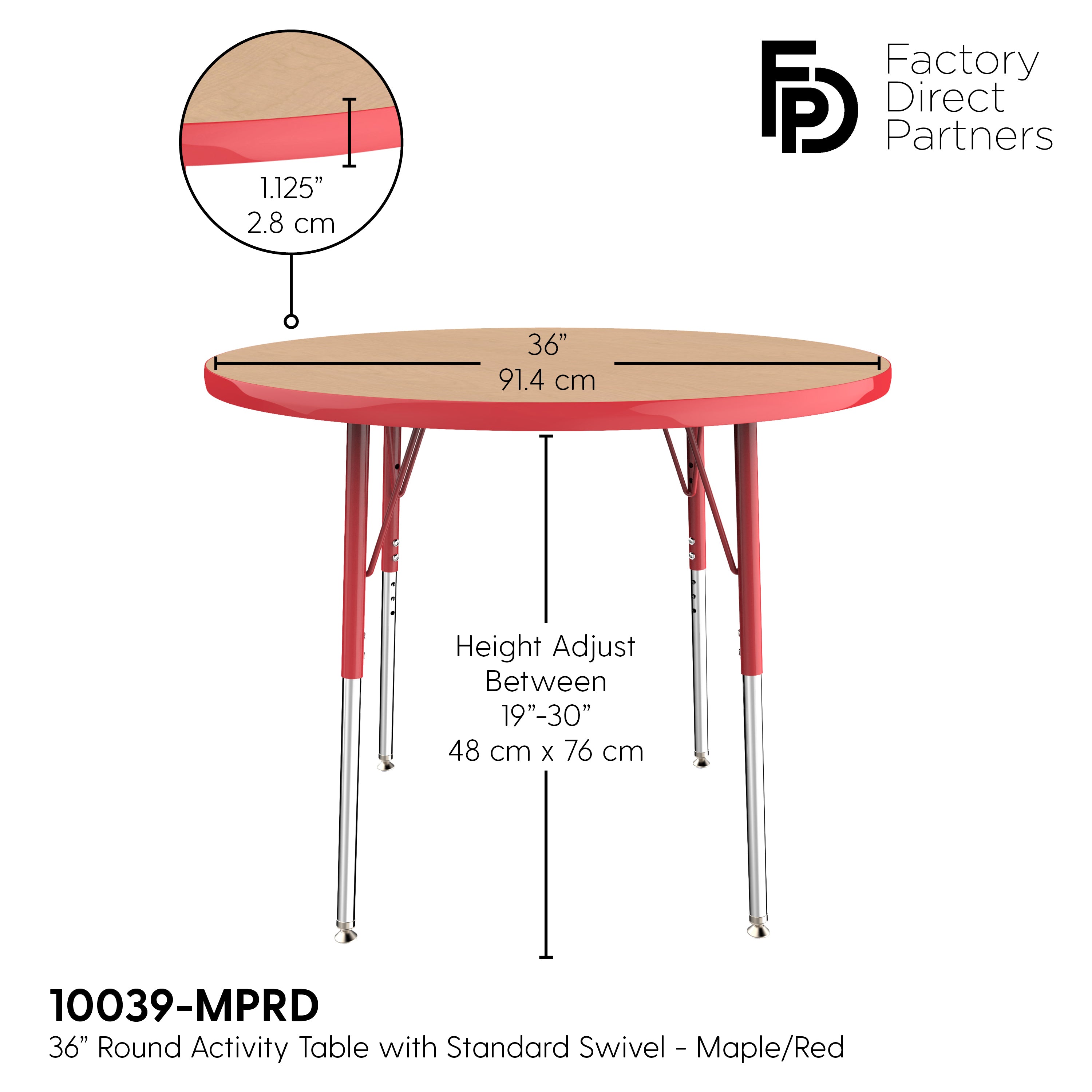 36" Round T-Molding Activity Table with Adjustable Standard Swivel Glide Legs - Maple/Red