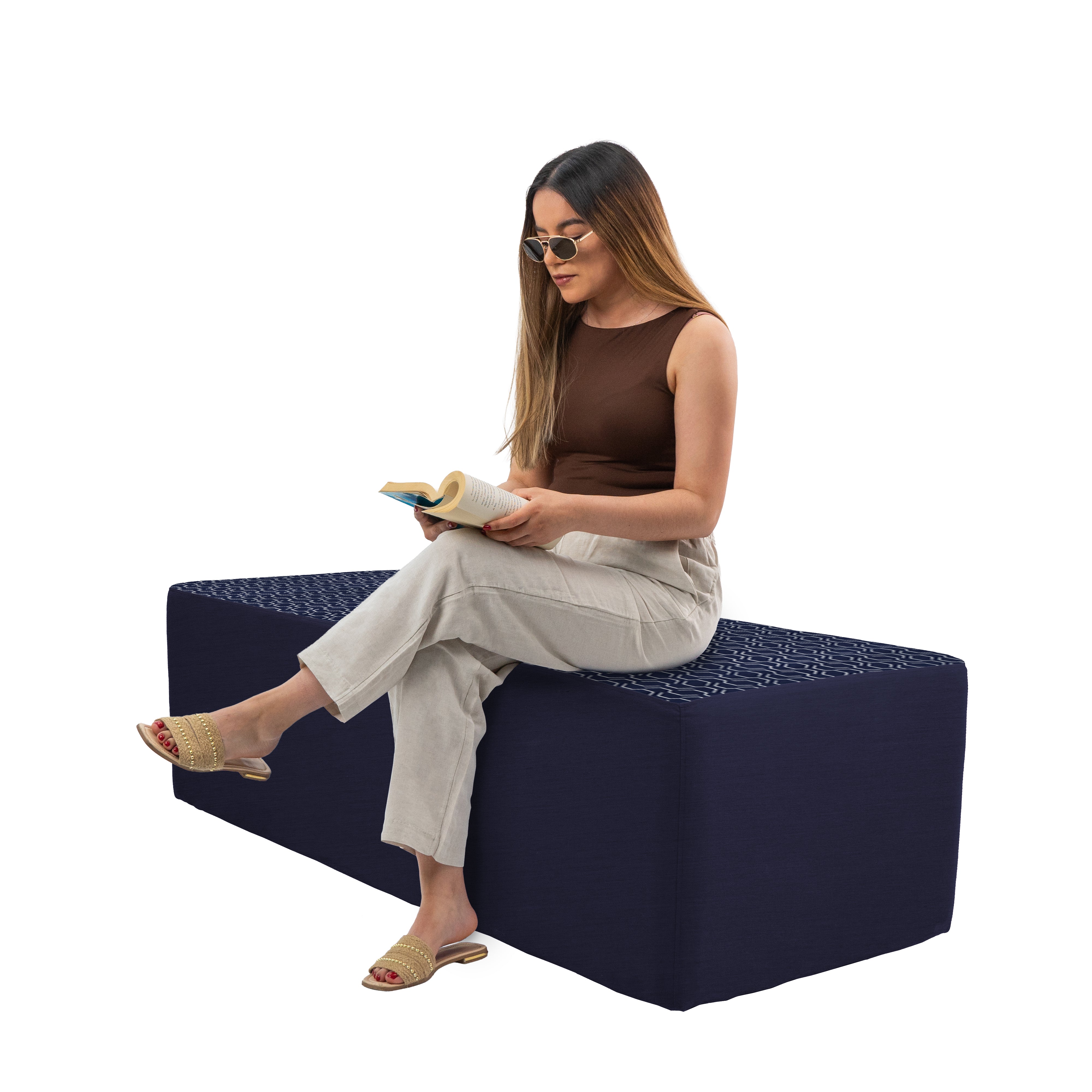 Outdoor 24" x 60" Rectangle Ottoman with Sunbrella, 18" H - Adaptation Indigo/Canvas Navy