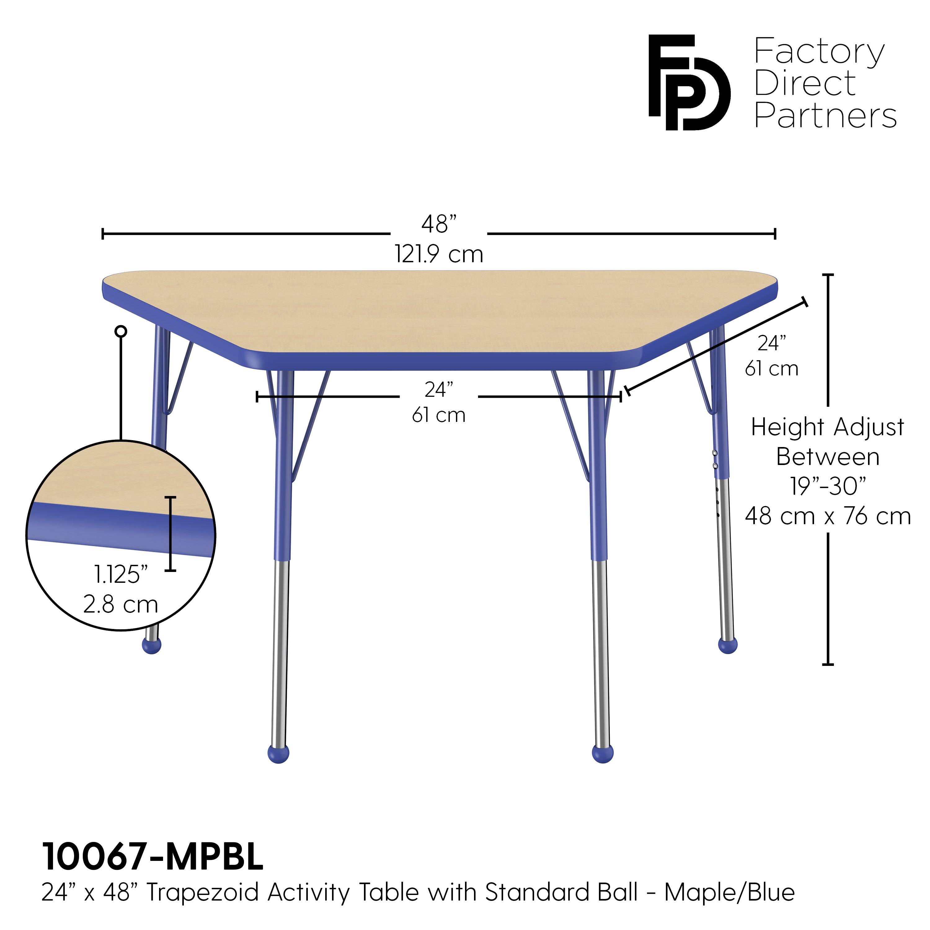24" x 48" Trapezoid T-Molding Activity Table with Adjustable Standard Ball Glide Legs - Maple/Blue