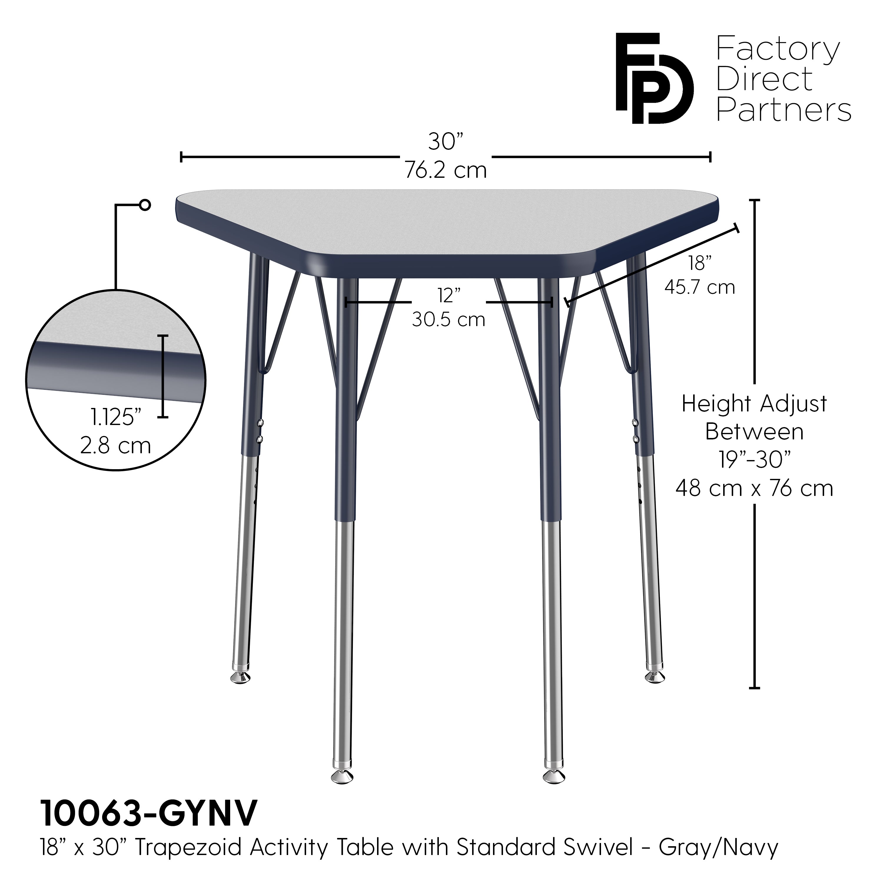 18" x 30" Trapezoid T-Molding Activity Table with Adjustable Standard Swivel Glide Legs - Gray/Navy