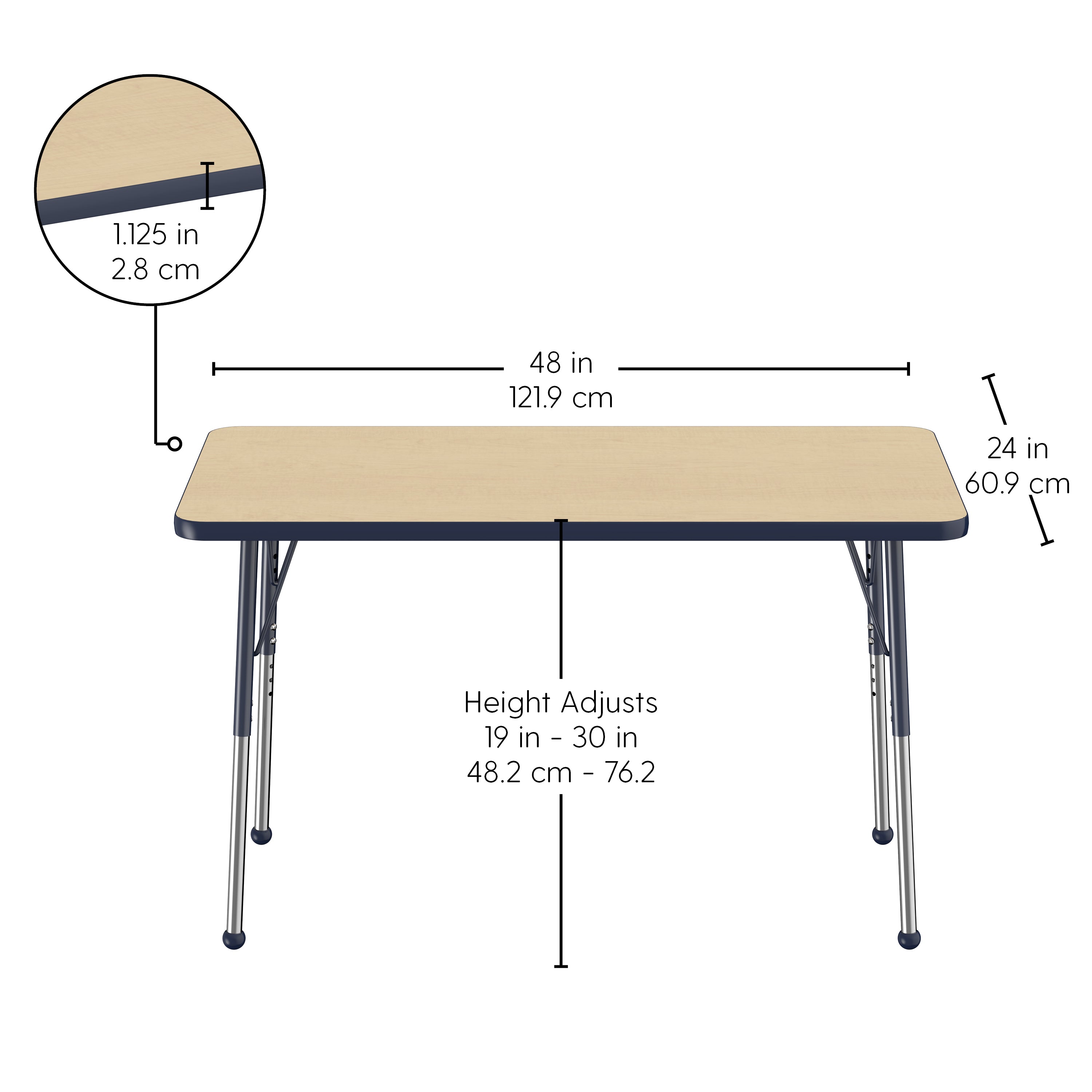 24" x 48" Rectangle T-Molding Activity Table with Adjustable Standard Ball Glide Legs - Maple/Navy