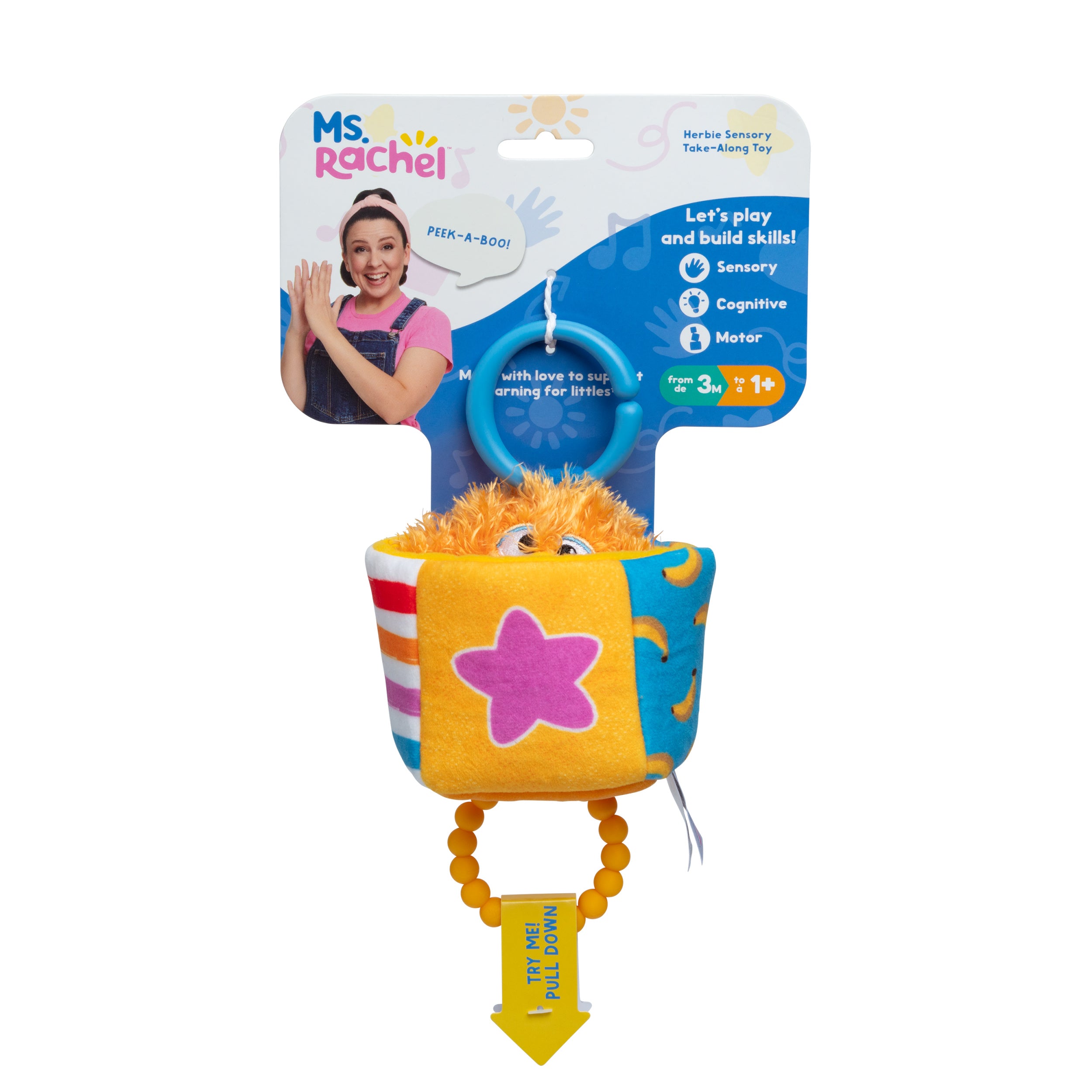 Ms. Rachel Official Herbie Sensory Take-Along Toy, Baby Swing & Baby Stroller Teething Toys w/ Rattle & Clip, Toddler Toys for Girls & Boys Ages 3 Months to 1+