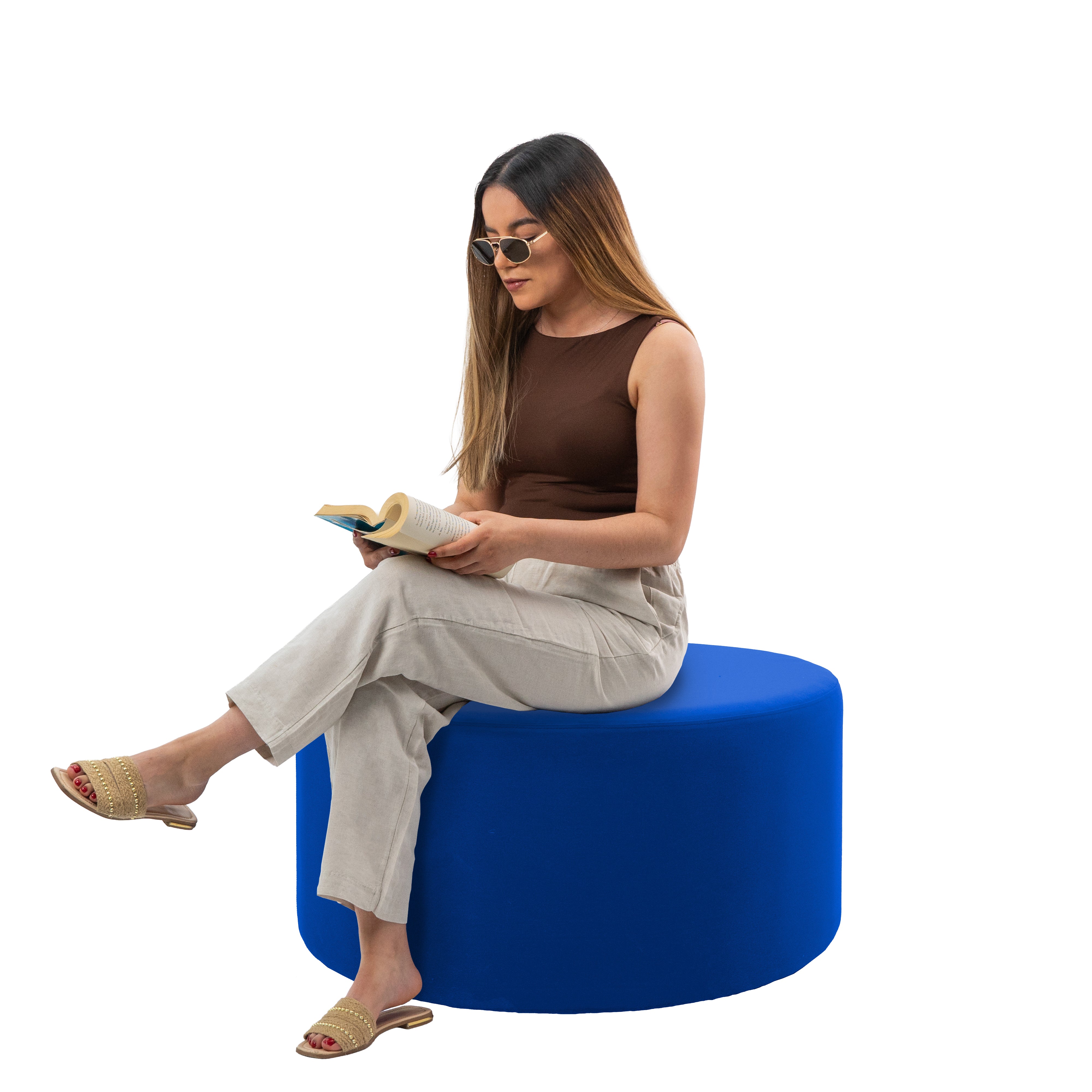 Outdoor 36" Round Ottoman with Sunbrella®, 18" H - Canvas Pacific Blue