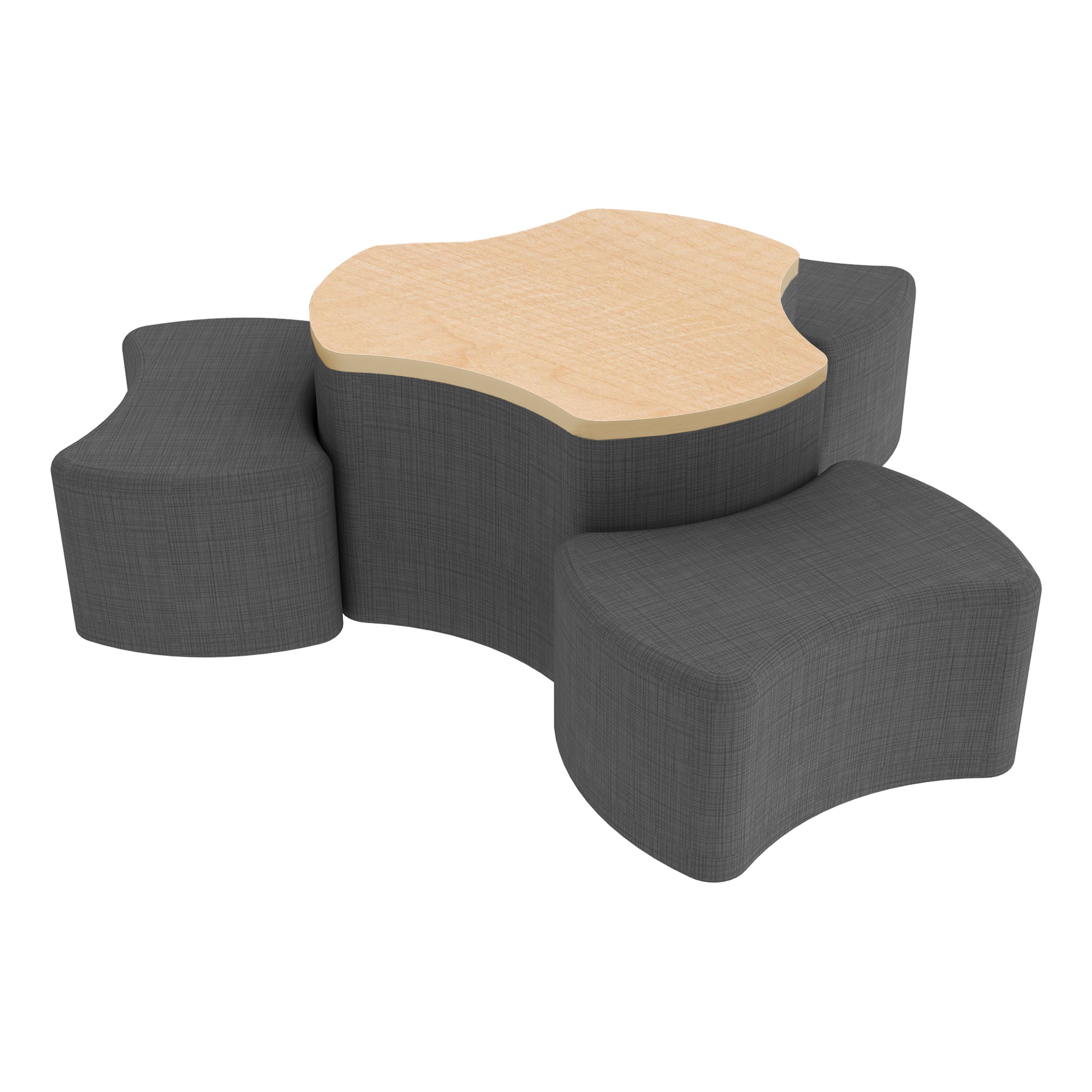 Pro Series Cog Ottoman Table with Bowtie 12" H Seating, 4-Piece Set - Slate Gray Crosshatch/Maple